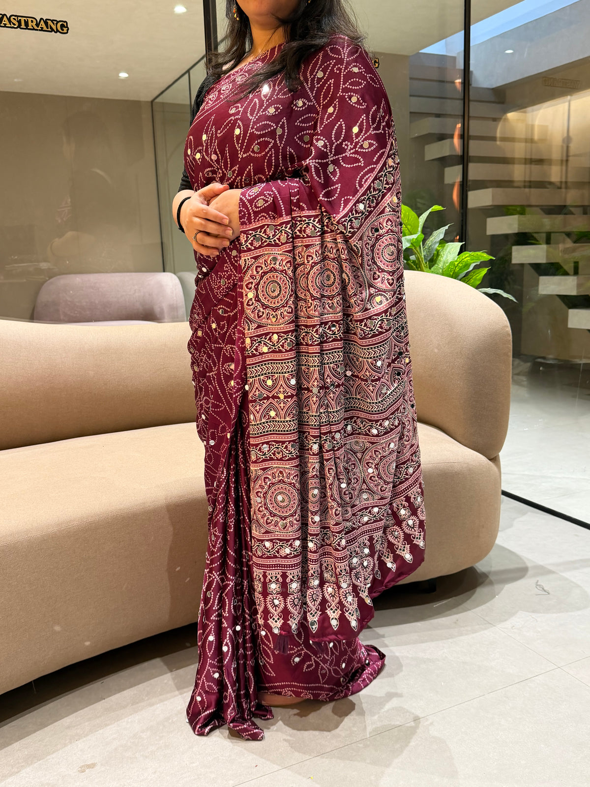 Luxury Party Wear Pure Satin Silk Ajrak Printed Rich Pallu n Original Mirror Work Designer Saree With Blouse Piece