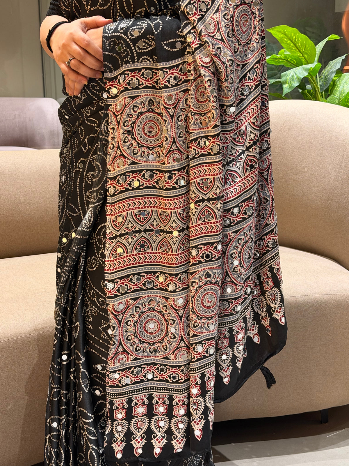 Luxury Party Wear Pure Satin Silk Ajrak Printed Rich Pallu n Original Mirror Work Designer Saree With Blouse Piece