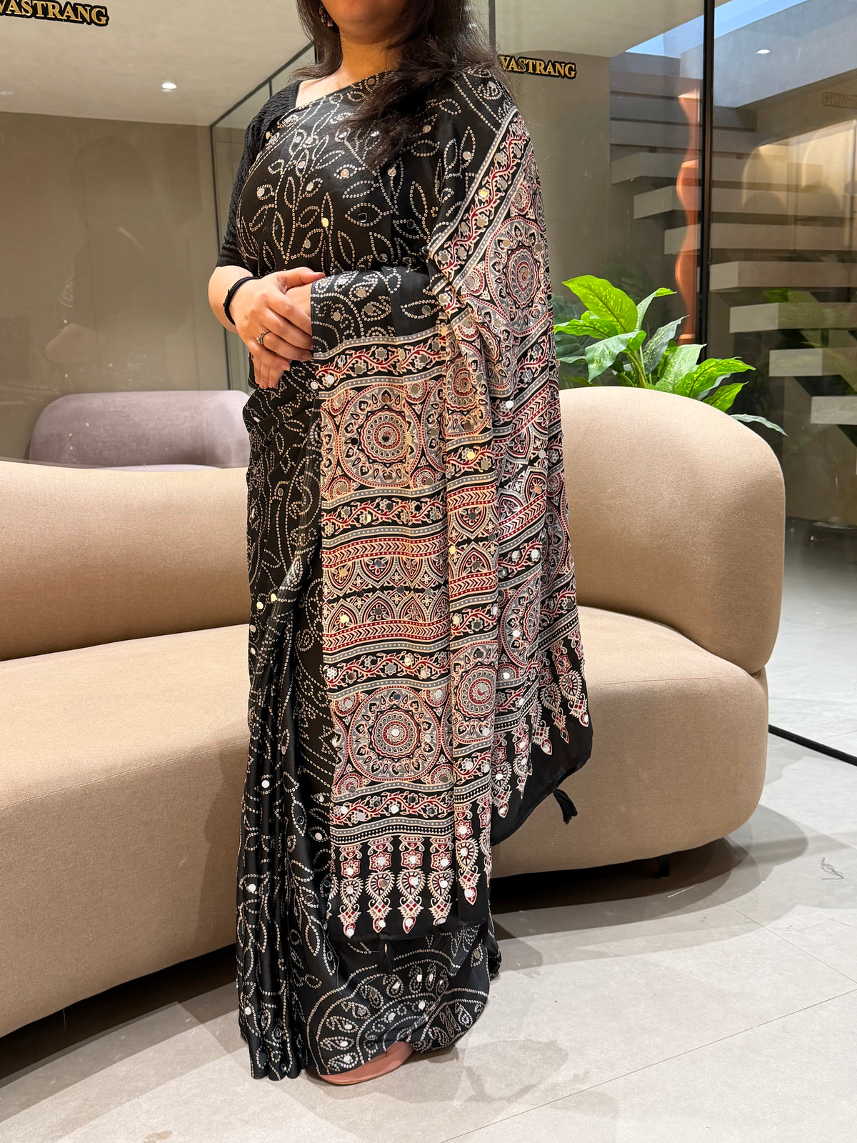 Luxury Party Wear Pure Satin Silk Ajrak Printed Rich Pallu n Original Mirror Work Designer Saree With Blouse Piece