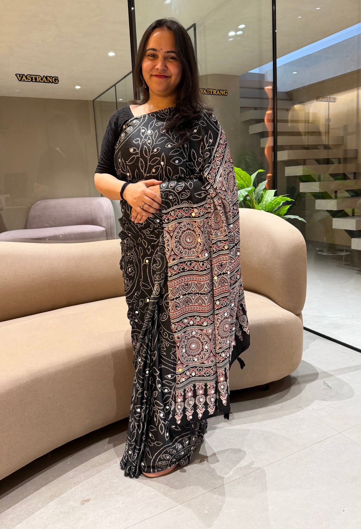 Luxury Party Wear Pure Satin Silk Ajrak Printed Rich Pallu n Original Mirror Work Designer Saree With Blouse Piece