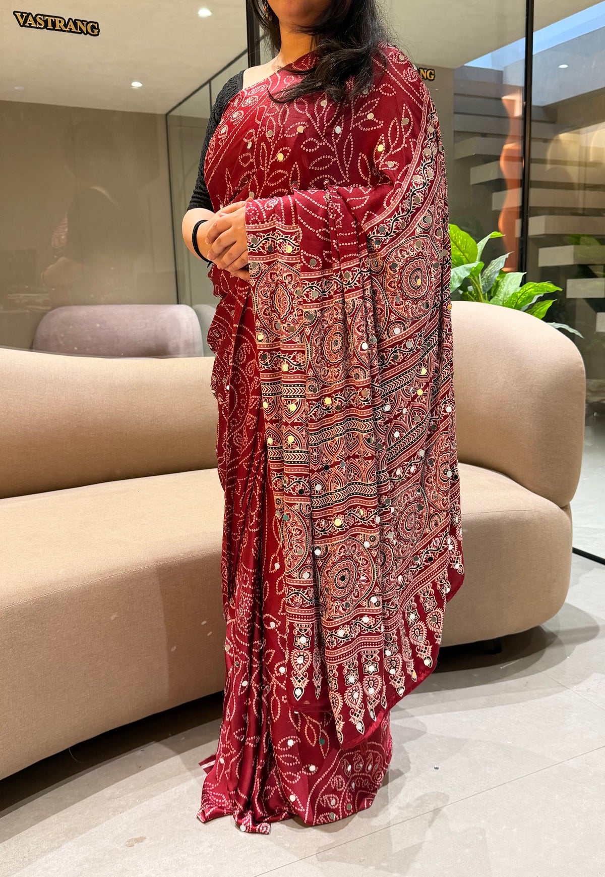 Luxury Party Wear Pure Satin Silk Ajrak Printed Rich Pallu n Original Mirror Work Designer Saree With Blouse Piece