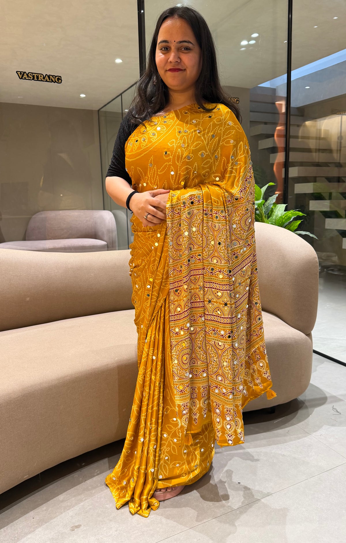 Luxury Party Wear Pure Satin Silk Ajrak Printed Rich Pallu n Original Mirror Work Designer Saree With Blouse Piece