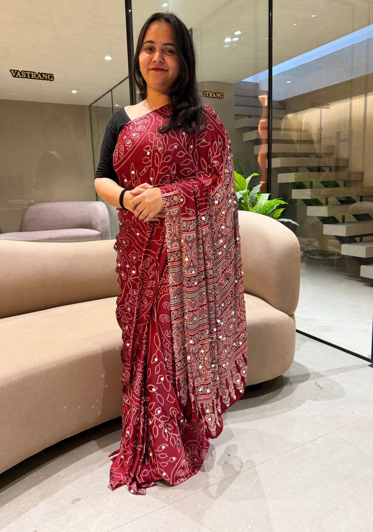 Luxury Party Wear Pure Satin Silk Ajrak Printed Rich Pallu n Original Mirror Work Designer Saree With Blouse Piece