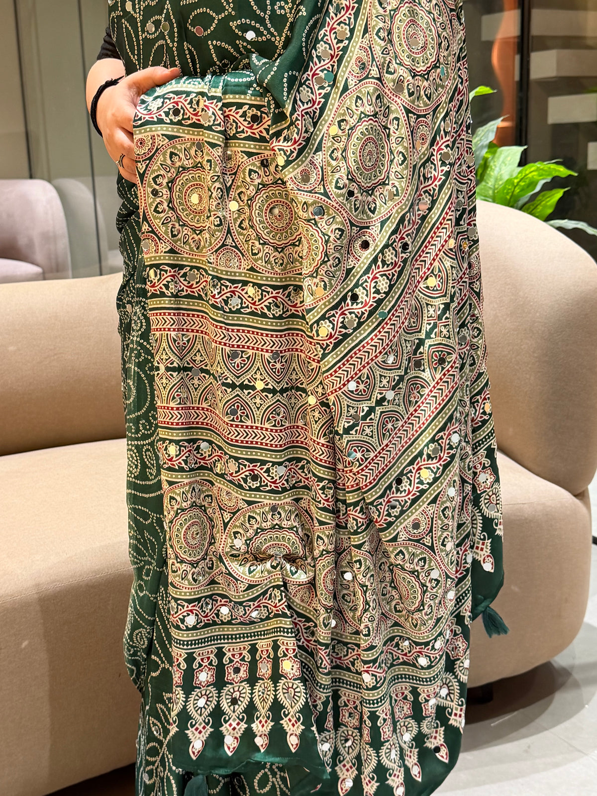 Luxury Party Wear Pure Satin Silk Ajrak Printed Rich Pallu n Original Mirror Work Designer Saree With Blouse Piece