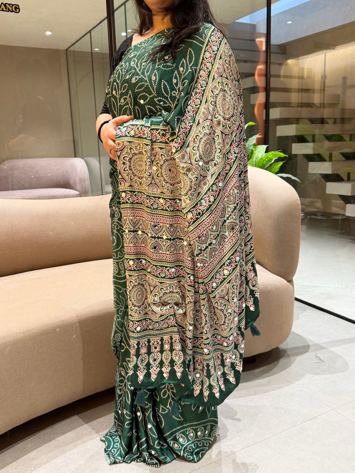 Luxury Party Wear Pure Satin Silk Ajrak Printed Rich Pallu n Original Mirror Work Designer Saree With Blouse Piece