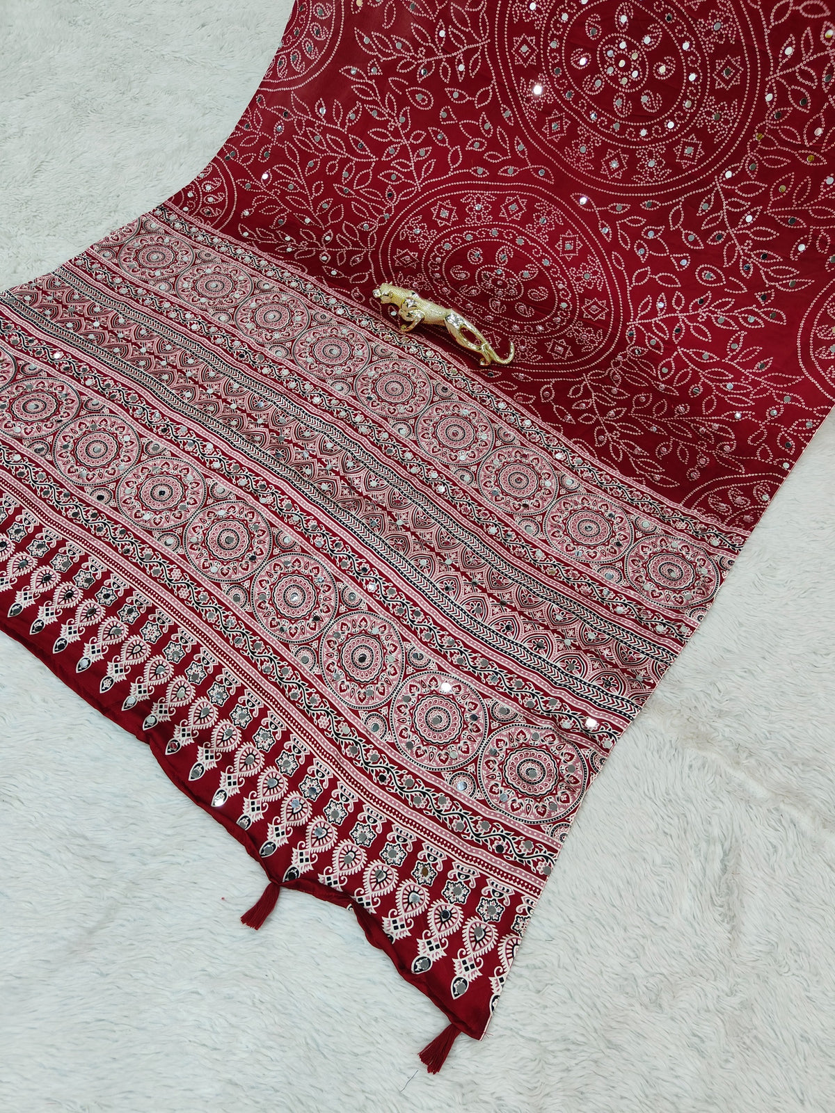 Luxury Party Wear Pure Satin Silk Ajrak Printed Rich Pallu n Original Mirror Work Designer Saree With Blouse Piece