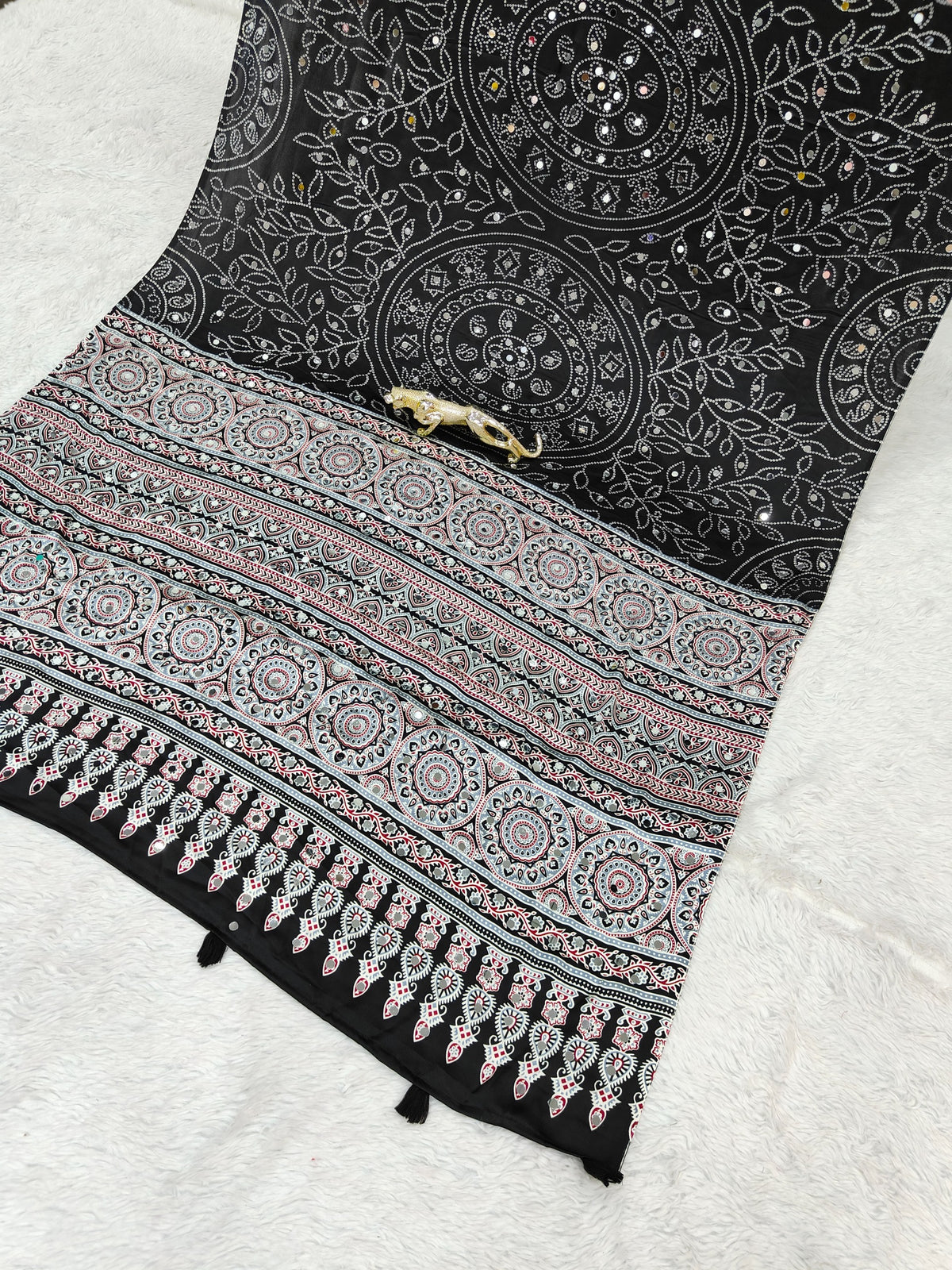 Luxury Party Wear Pure Satin Silk Ajrak Printed Rich Pallu n Original Mirror Work Designer Saree With Blouse Piece