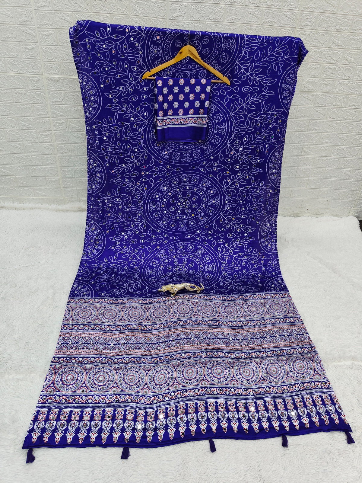 Luxury Party Wear Pure Satin Silk Ajrak Printed Rich Pallu n Original Mirror Work Designer Saree With Blouse Piece