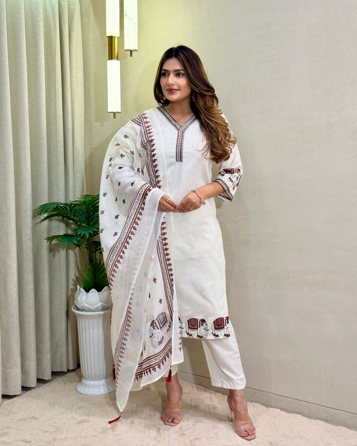 Ravishing Wedding Wear Cotton Embroidery Work Designer Straight Kurta With Trouser n Dupatta Set