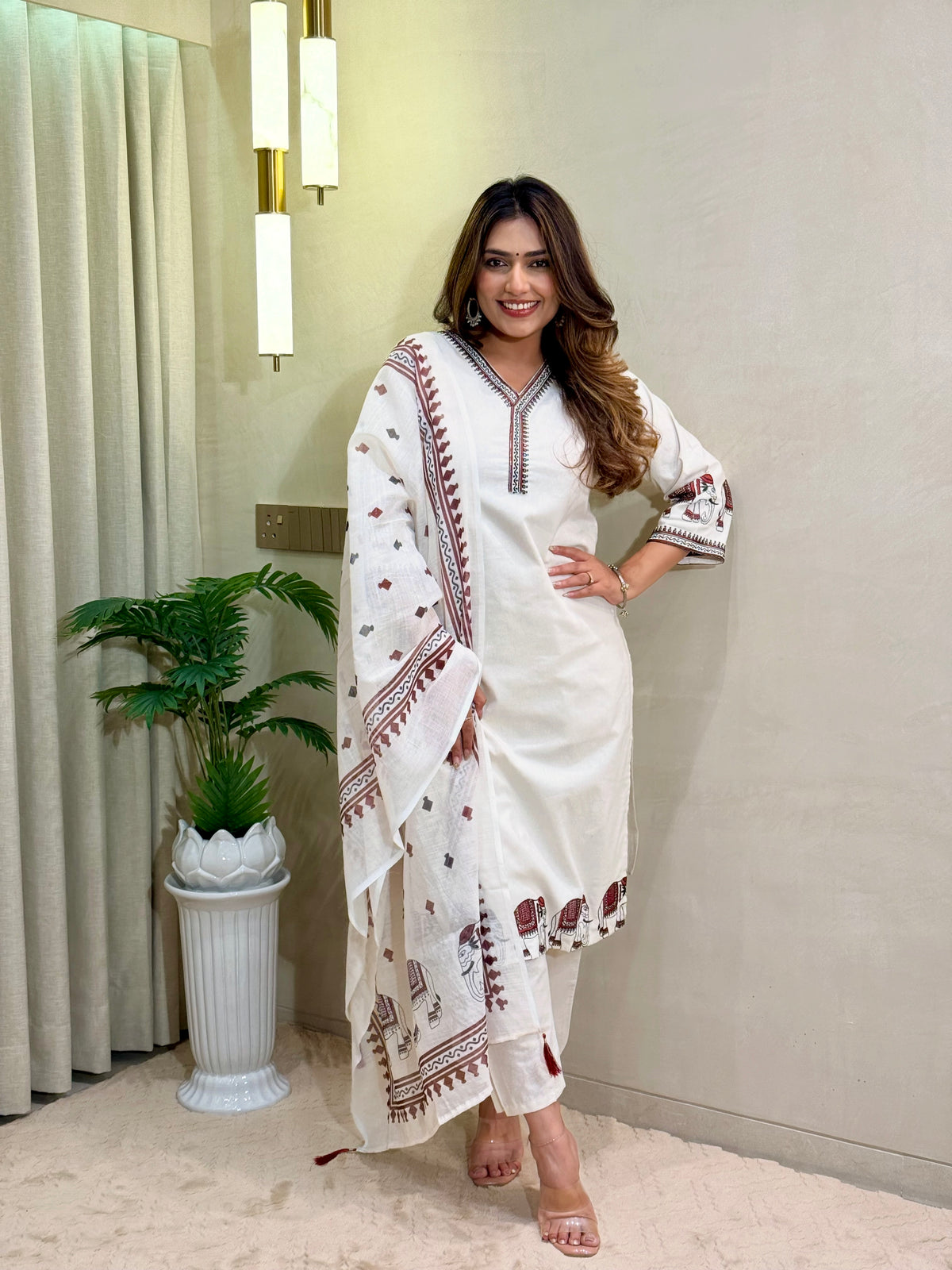 Ravishing Wedding Wear Cotton Embroidery Work Designer Straight Kurta With Trouser n Dupatta Set