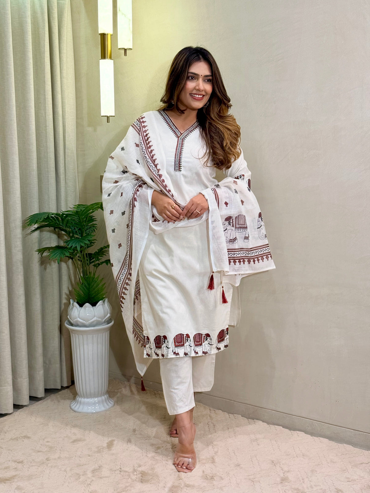 Ravishing Wedding Wear Cotton Embroidery Work Designer Straight Kurta With Trouser n Dupatta Set