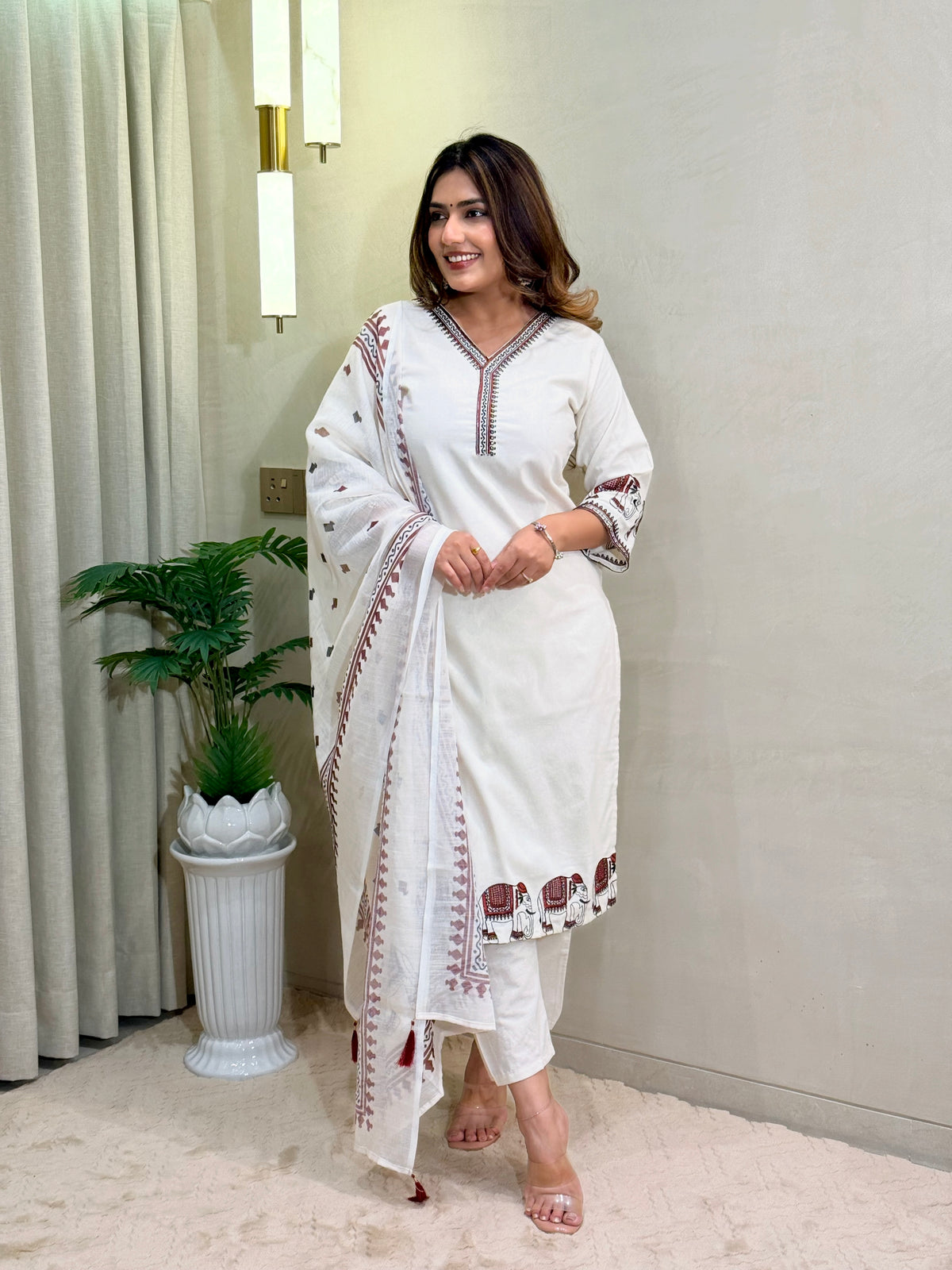 Ravishing Wedding Wear Cotton Embroidery Work Designer Straight Kurta With Trouser n Dupatta Set