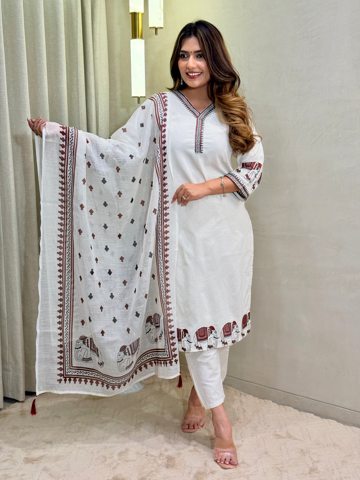 Ravishing Wedding Wear Cotton Embroidery Work Designer Straight Kurta With Trouser n Dupatta Set