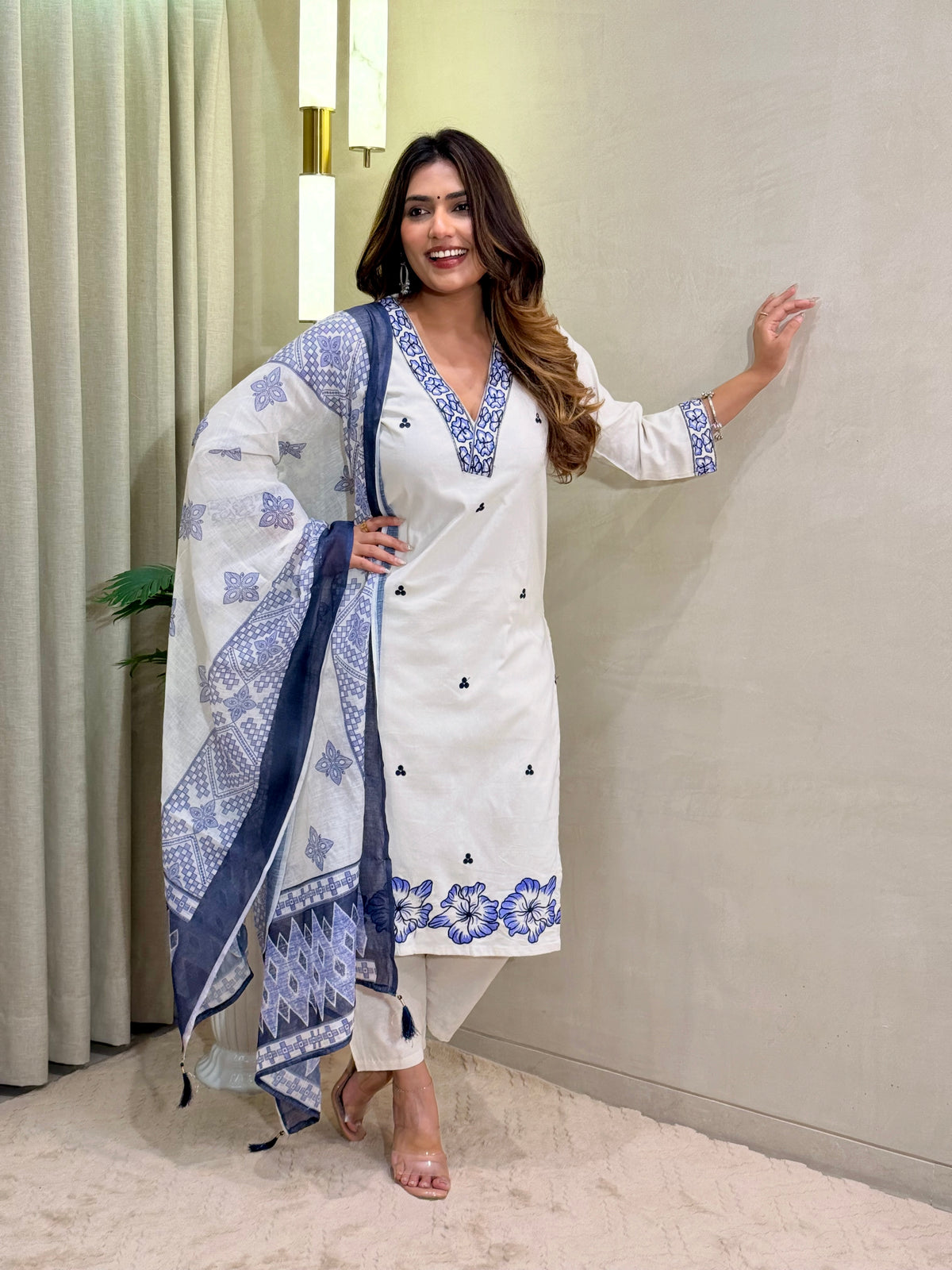 Scrupulous Festive Wear Cotton Embroidery Work Designer Straight Kurta With Trouser Dupatta Set