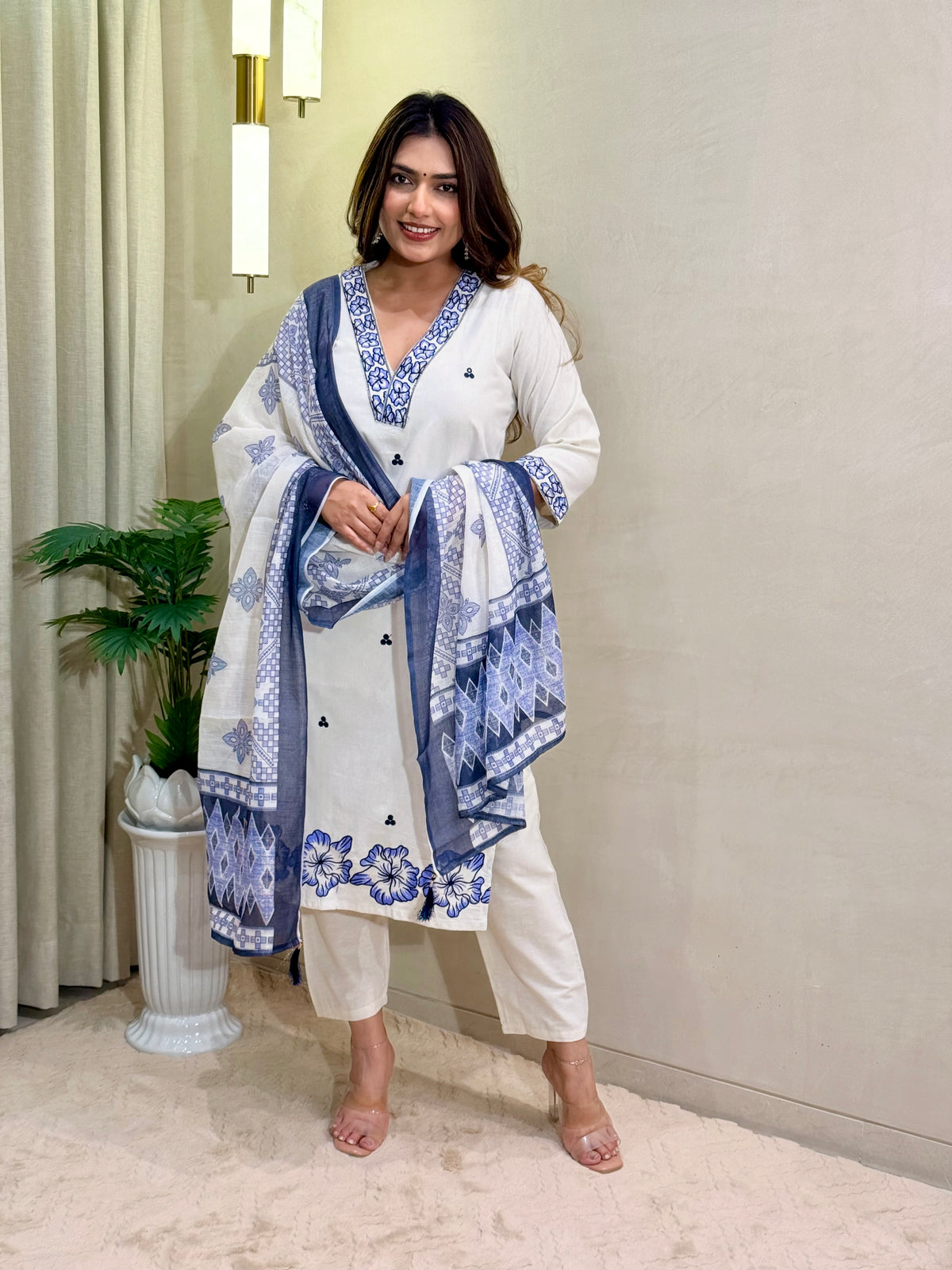 Scrupulous Festive Wear Cotton Embroidery Work Designer Straight Kurta With Trouser Dupatta Set