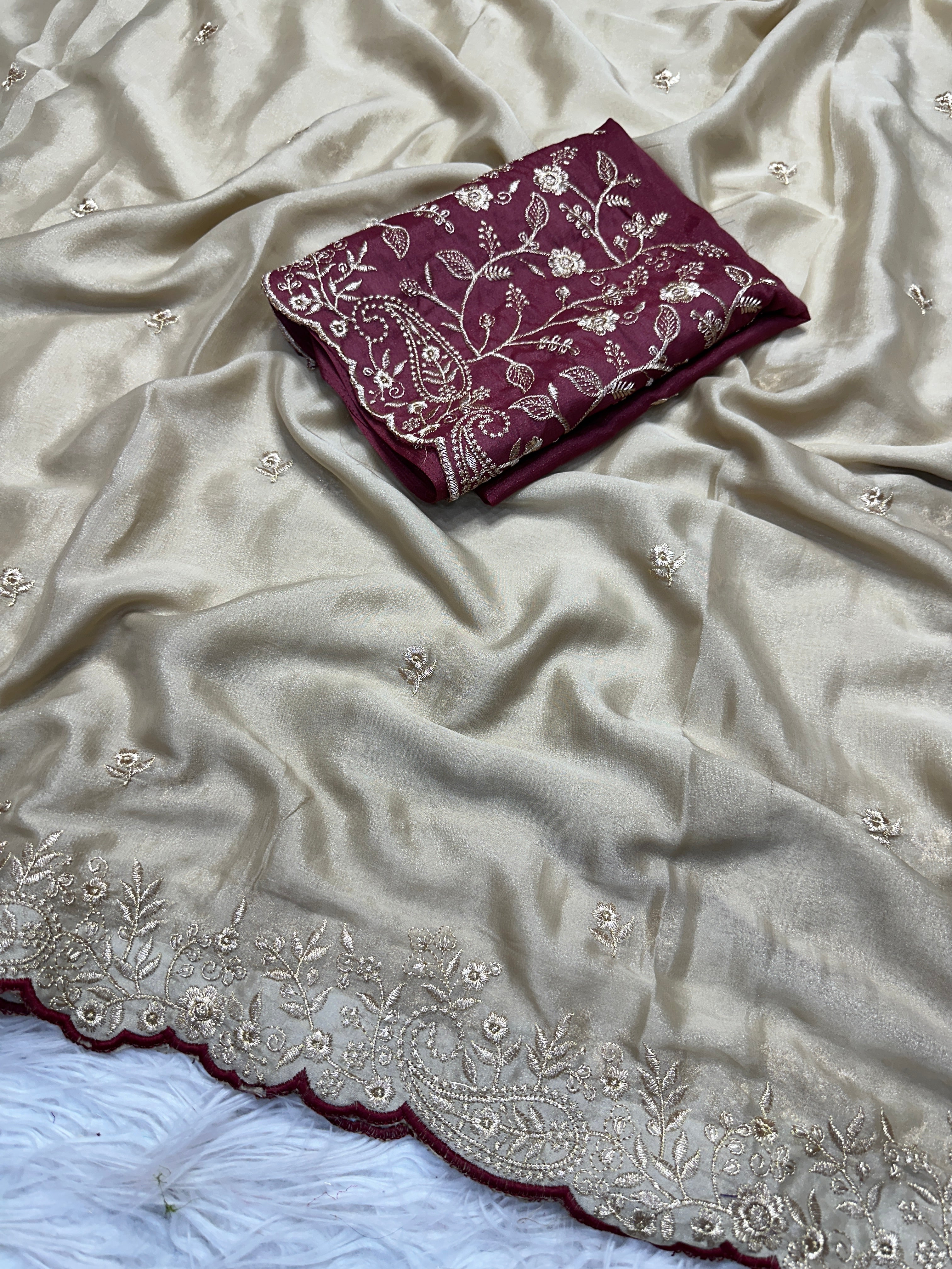 Luxury Party Wear Georgette Embroidery Work Designer Saree With Contrast Blouse Piece