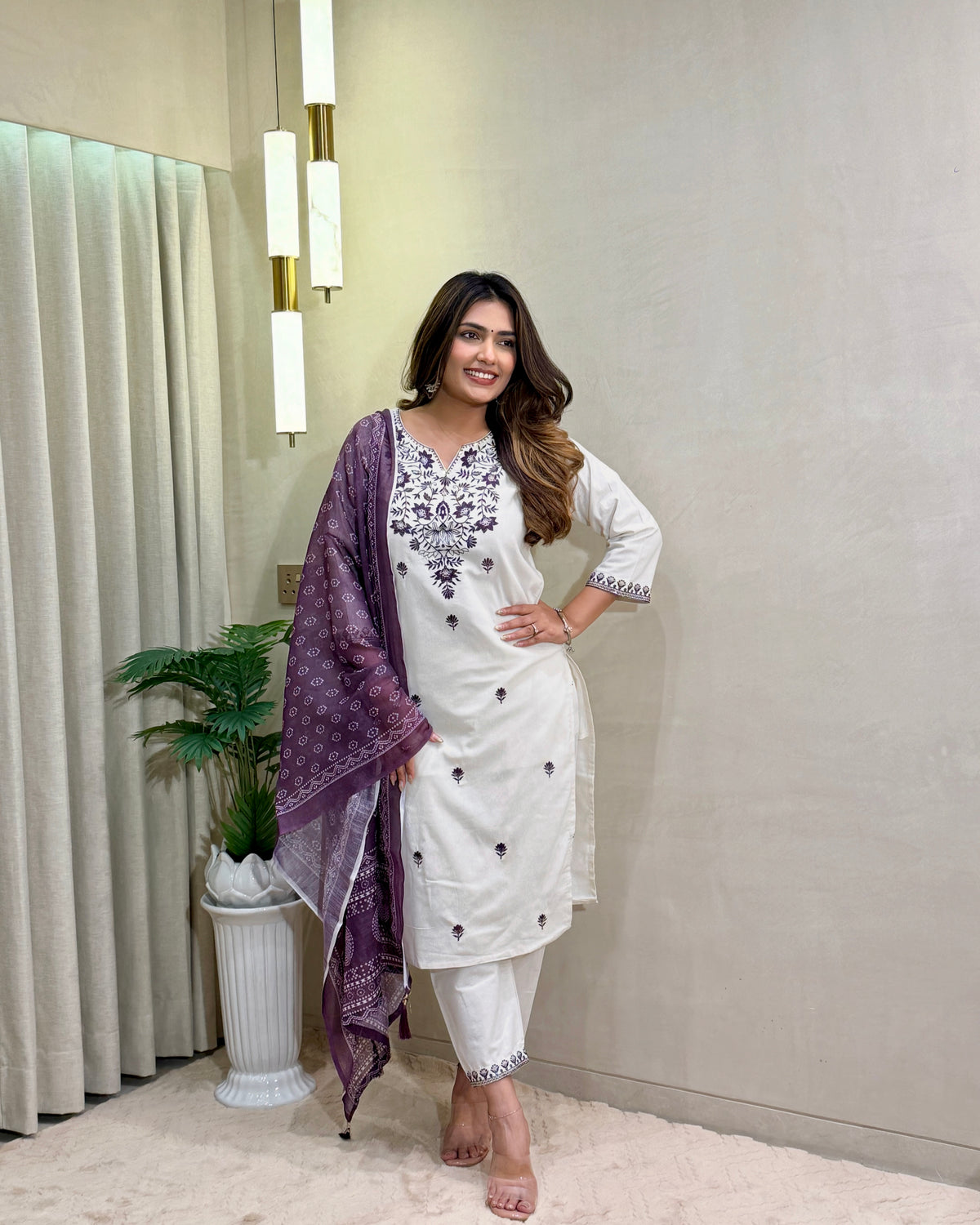 Charming Festive Wear  Cotton Embroidery Work Designer Straight Kurta With Trouser n Dupatta Set