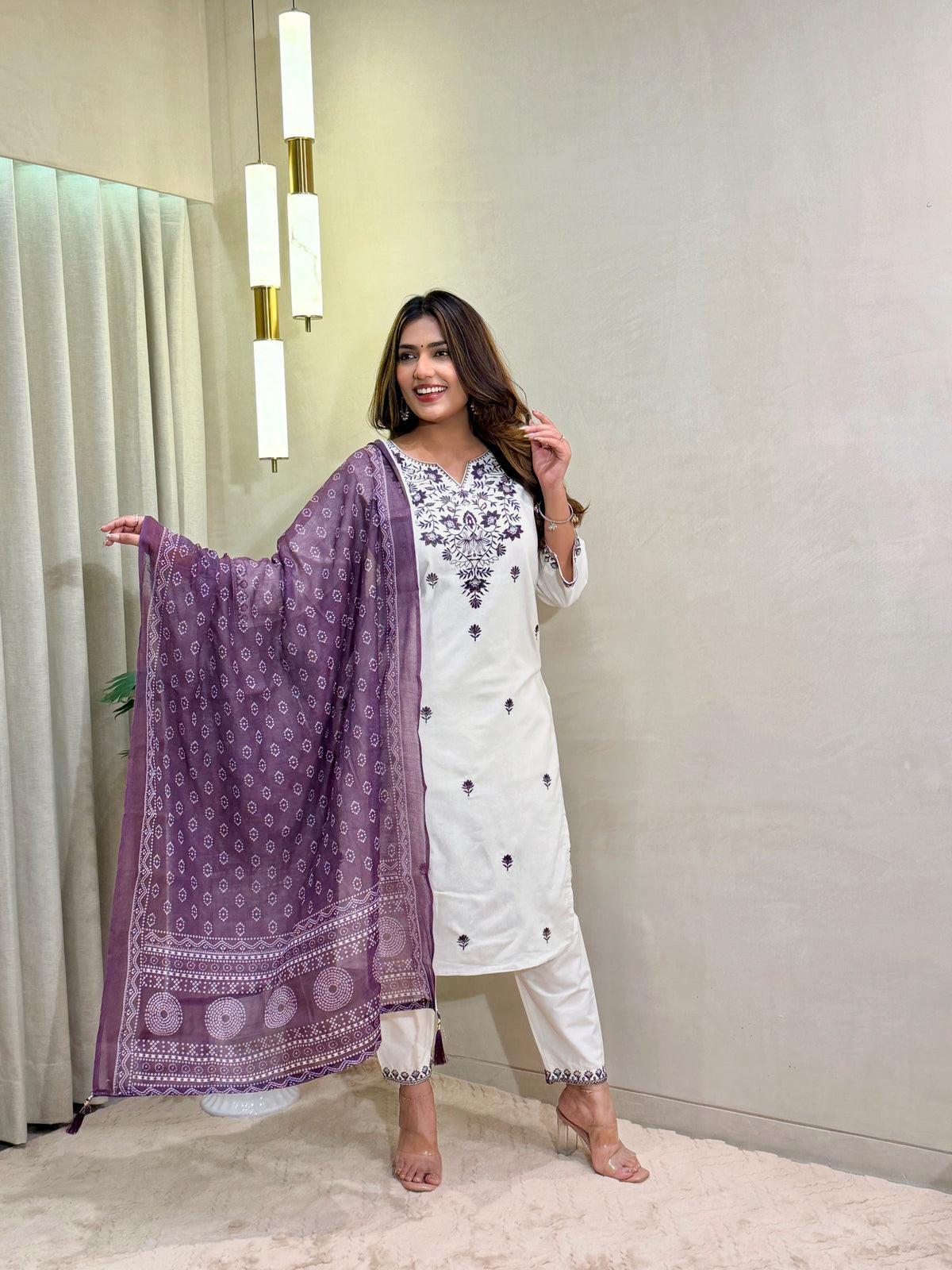 Charming Festive Wear  Cotton Embroidery Work Designer Straight Kurta With Trouser n Dupatta Set