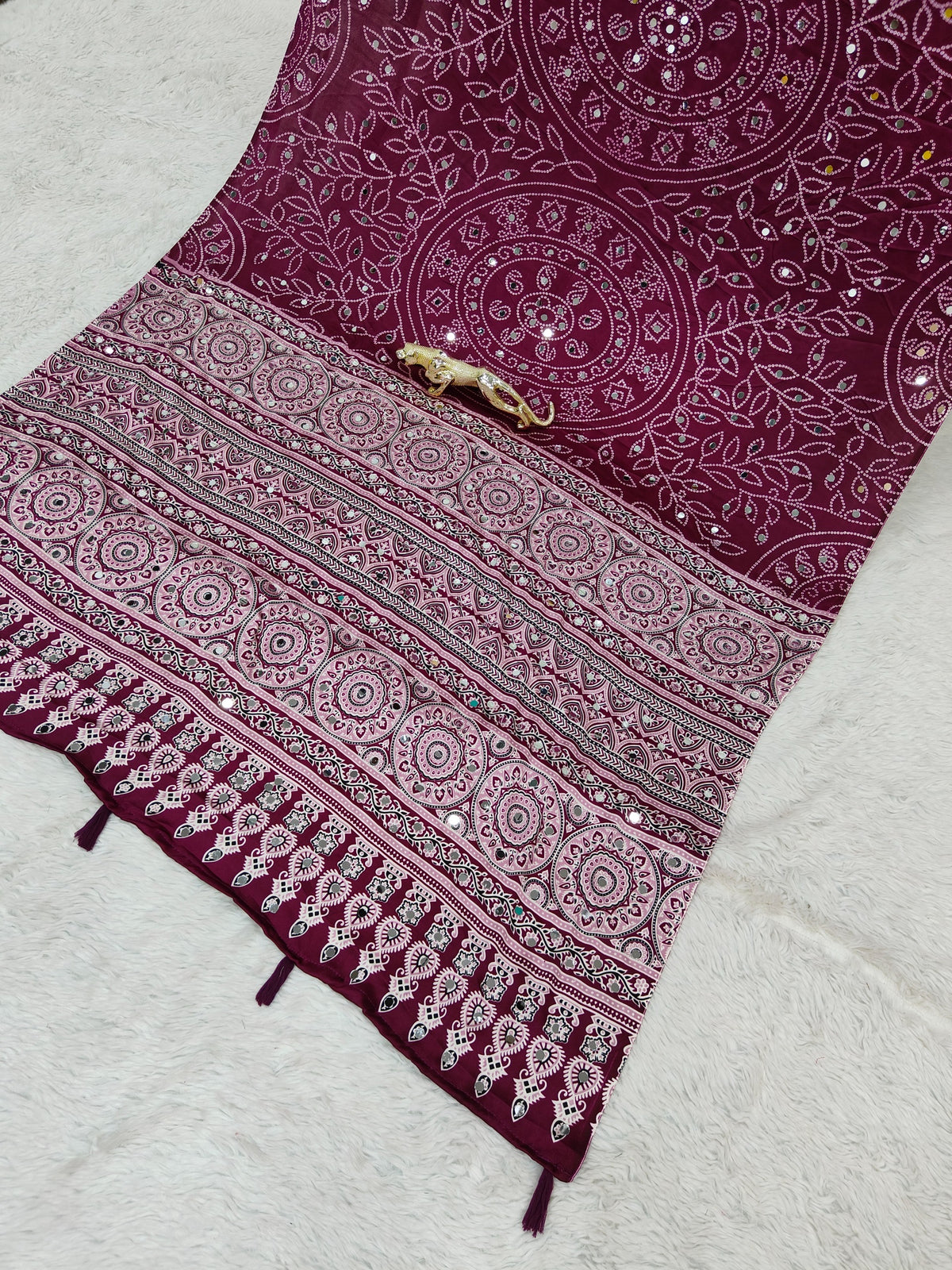 Luxury Party Wear Pure Satin Silk Ajrak Printed Rich Pallu n Original Mirror Work Designer Saree With Blouse Piece