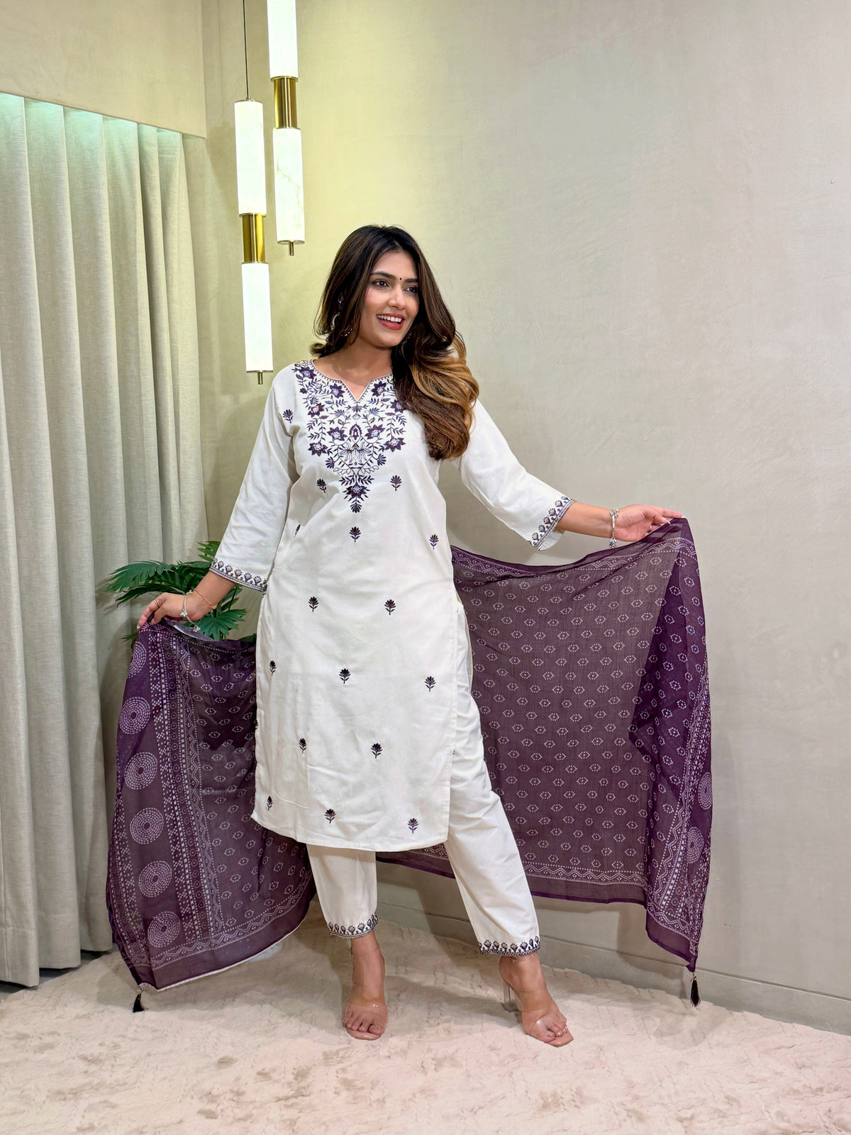 Charming Festive Wear  Cotton Embroidery Work Designer Straight Kurta With Trouser n Dupatta Set