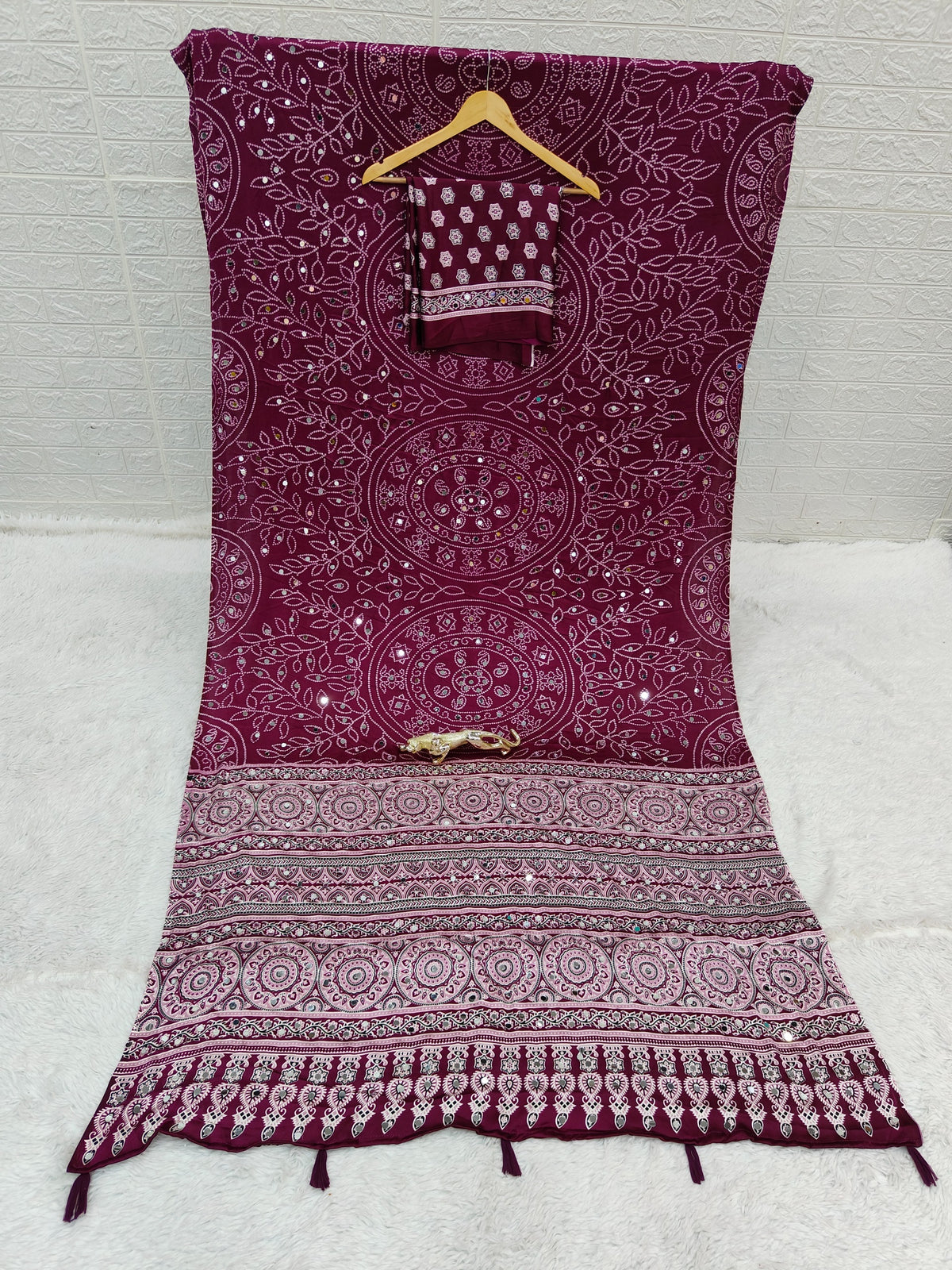 Luxury Party Wear Pure Satin Silk Ajrak Printed Rich Pallu n Original Mirror Work Designer Saree With Blouse Piece