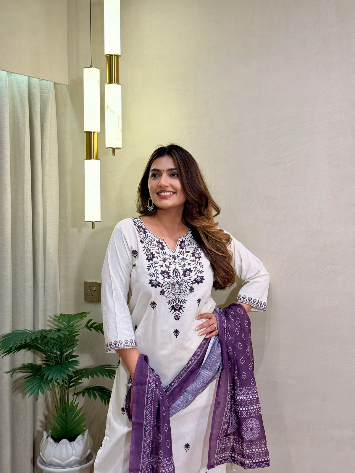 Charming Festive Wear  Cotton Embroidery Work Designer Straight Kurta With Trouser n Dupatta Set
