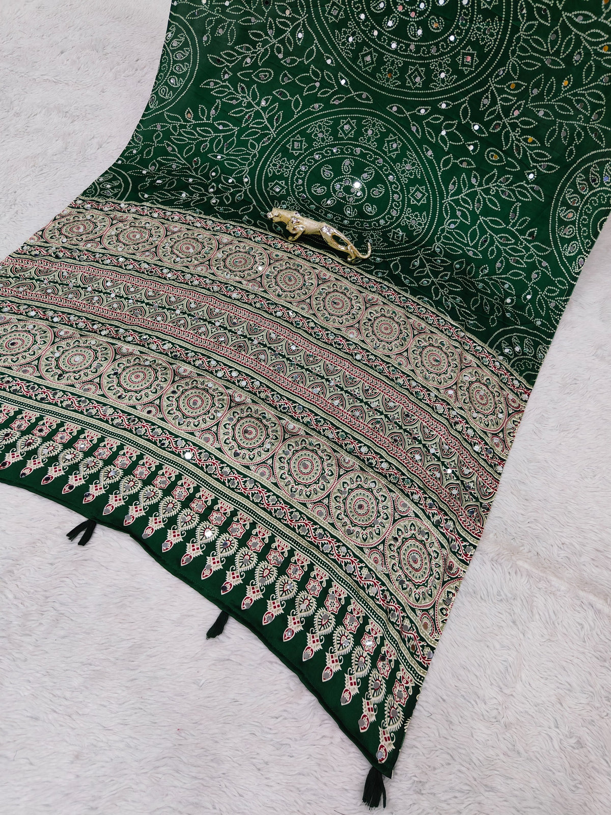 Luxury Party Wear Pure Satin Silk Ajrak Printed Rich Pallu n Original Mirror Work Designer Saree With Blouse Piece
