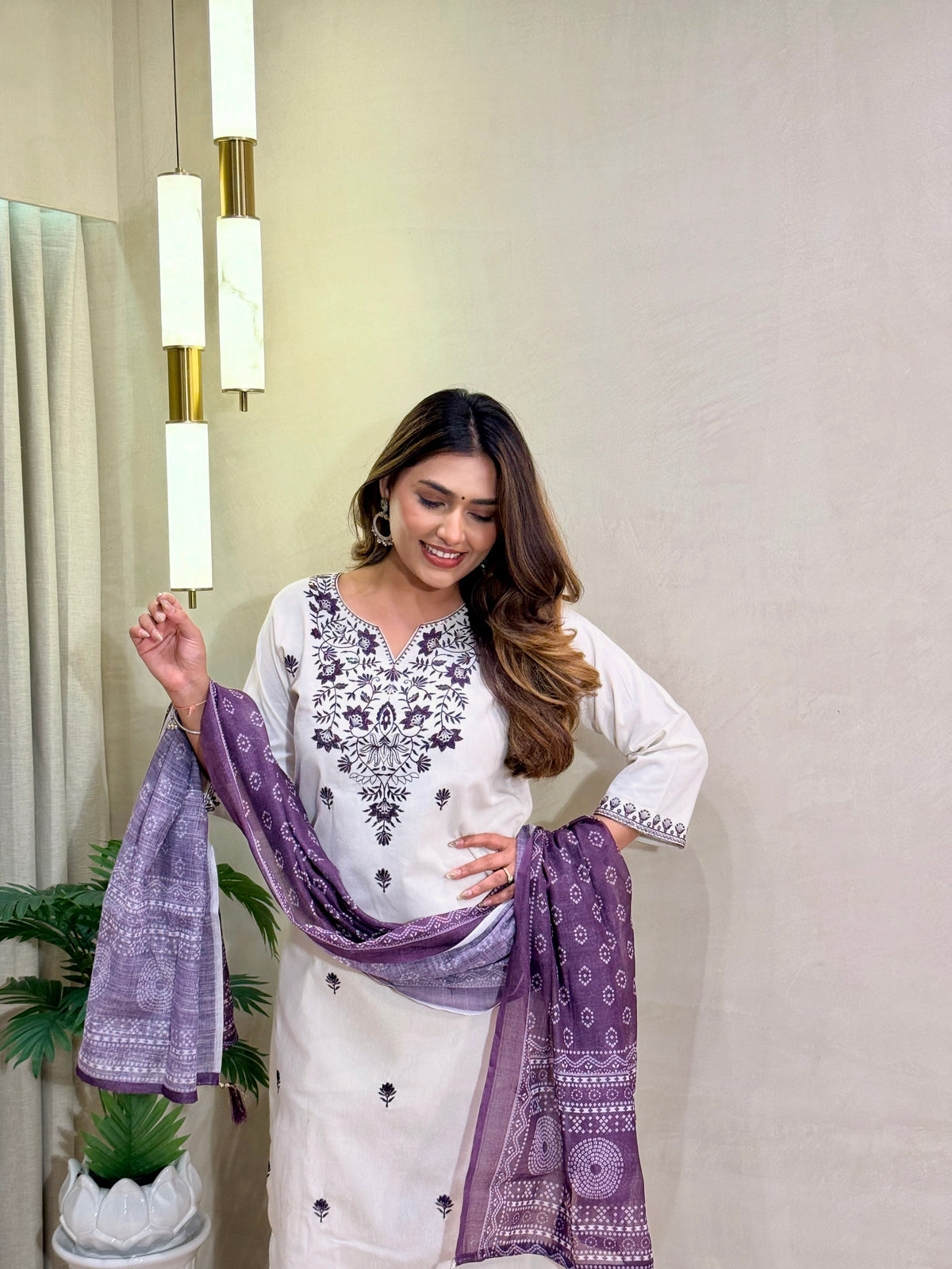 Charming Festive Wear  Cotton Embroidery Work Designer Straight Kurta With Trouser n Dupatta Set