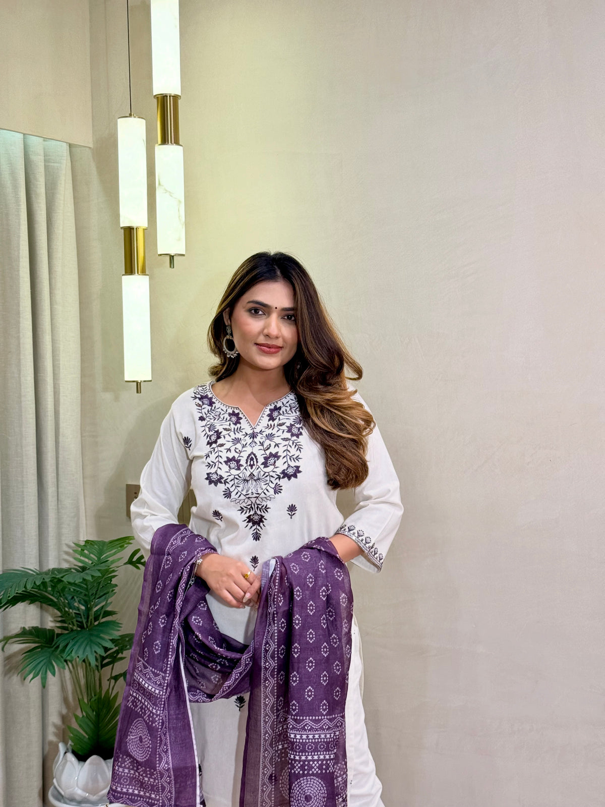 Charming Festive Wear  Cotton Embroidery Work Designer Straight Kurta With Trouser n Dupatta Set