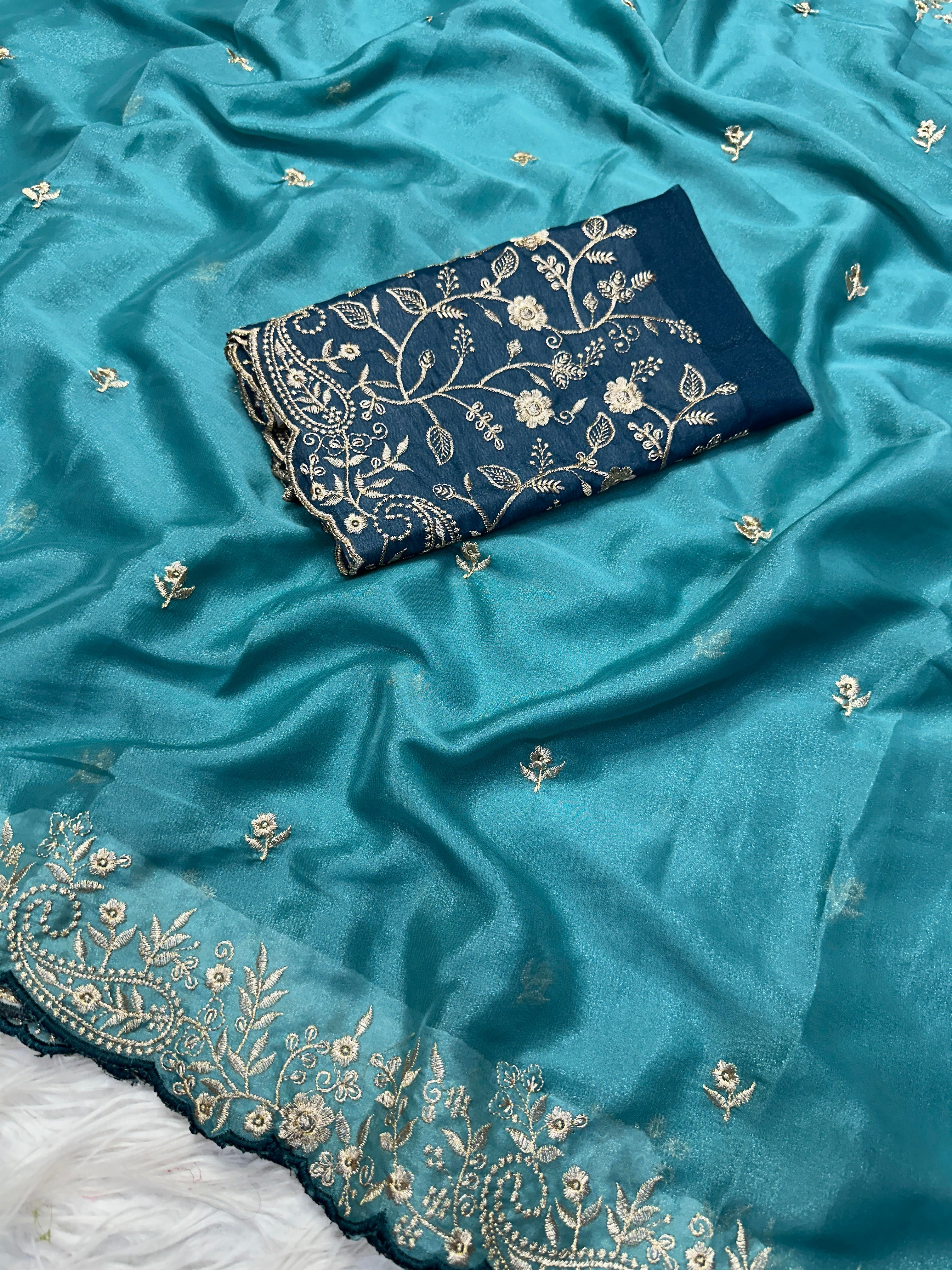 Luxury Party Wear Georgette Embroidery Work Designer Saree With Contrast Blouse Piece