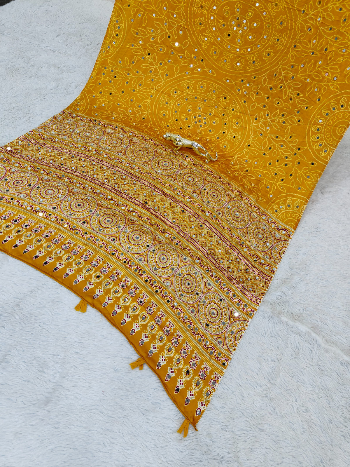Luxury Party Wear Pure Satin Silk Ajrak Printed Rich Pallu n Original Mirror Work Designer Saree With Blouse Piece