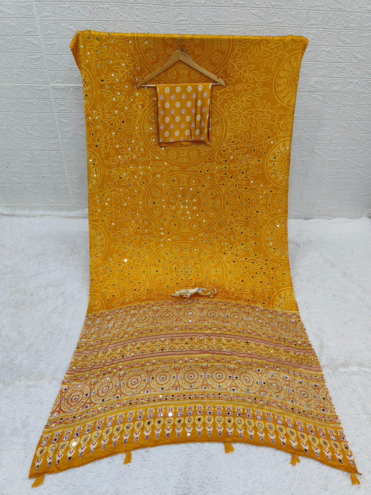 Luxury Party Wear Pure Satin Silk Ajrak Printed Rich Pallu n Original Mirror Work Designer Saree With Blouse Piece