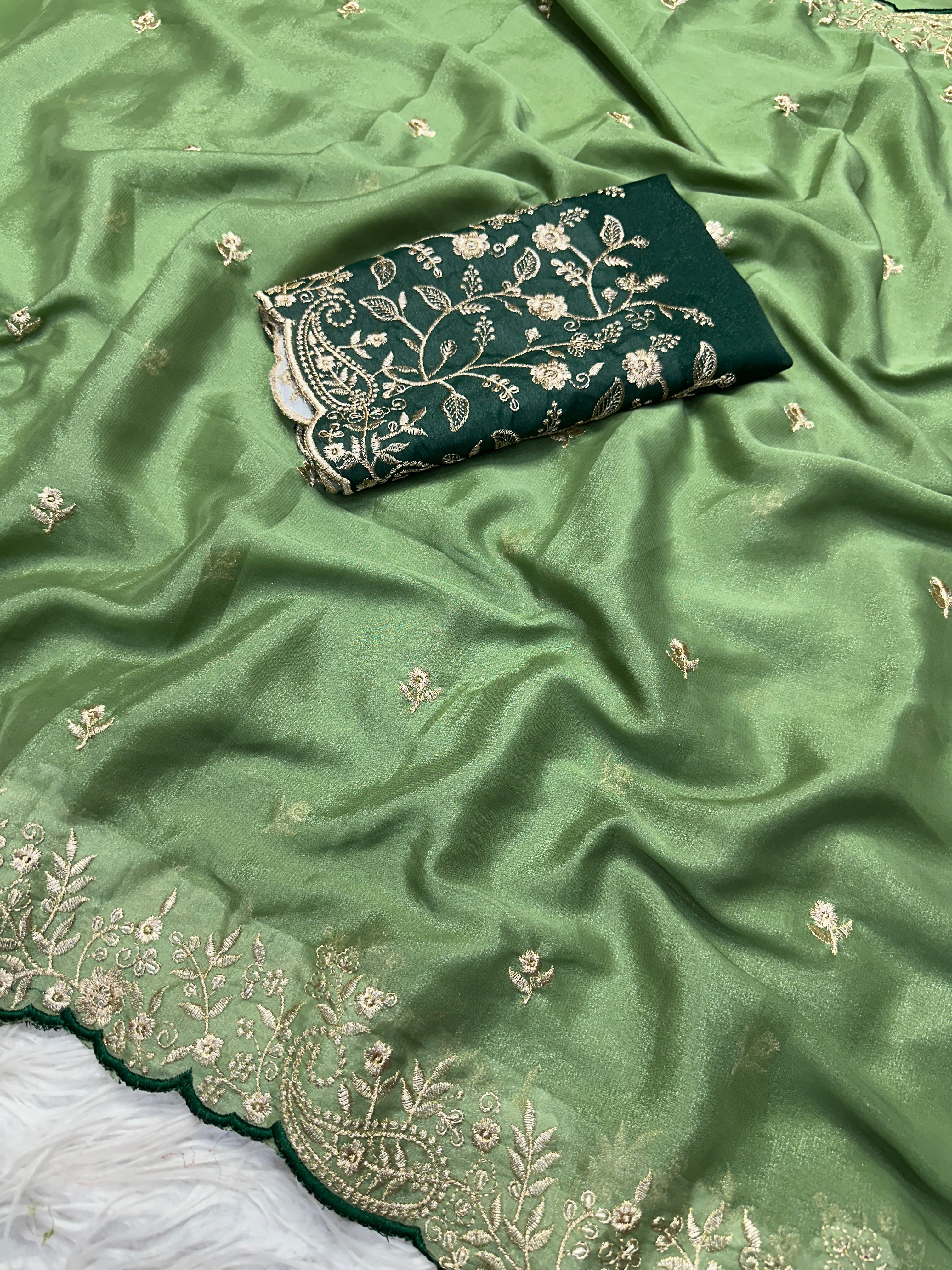 Luxury Party Wear Georgette Embroidery Work Designer Saree With Contrast Blouse Piece