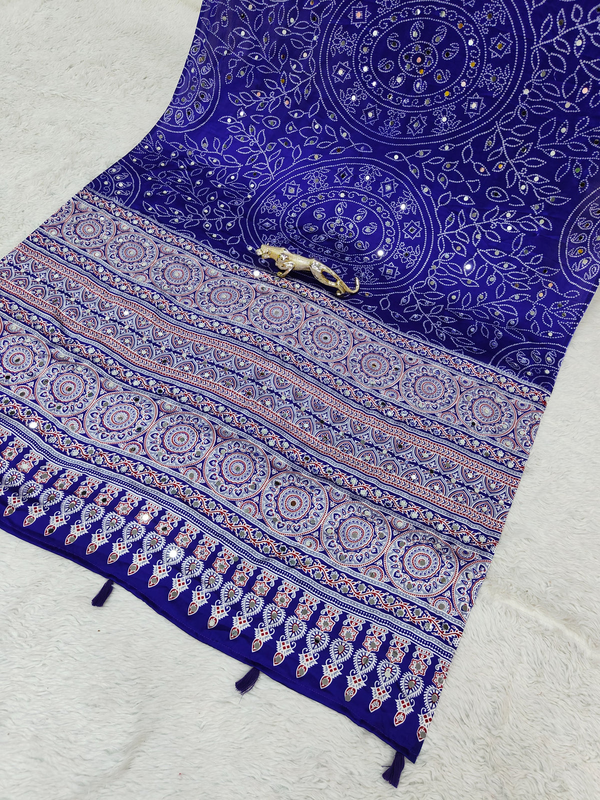 Luxury Party Wear Pure Satin Silk Ajrak Printed Rich Pallu n Original Mirror Work Designer Saree With Blouse Piece