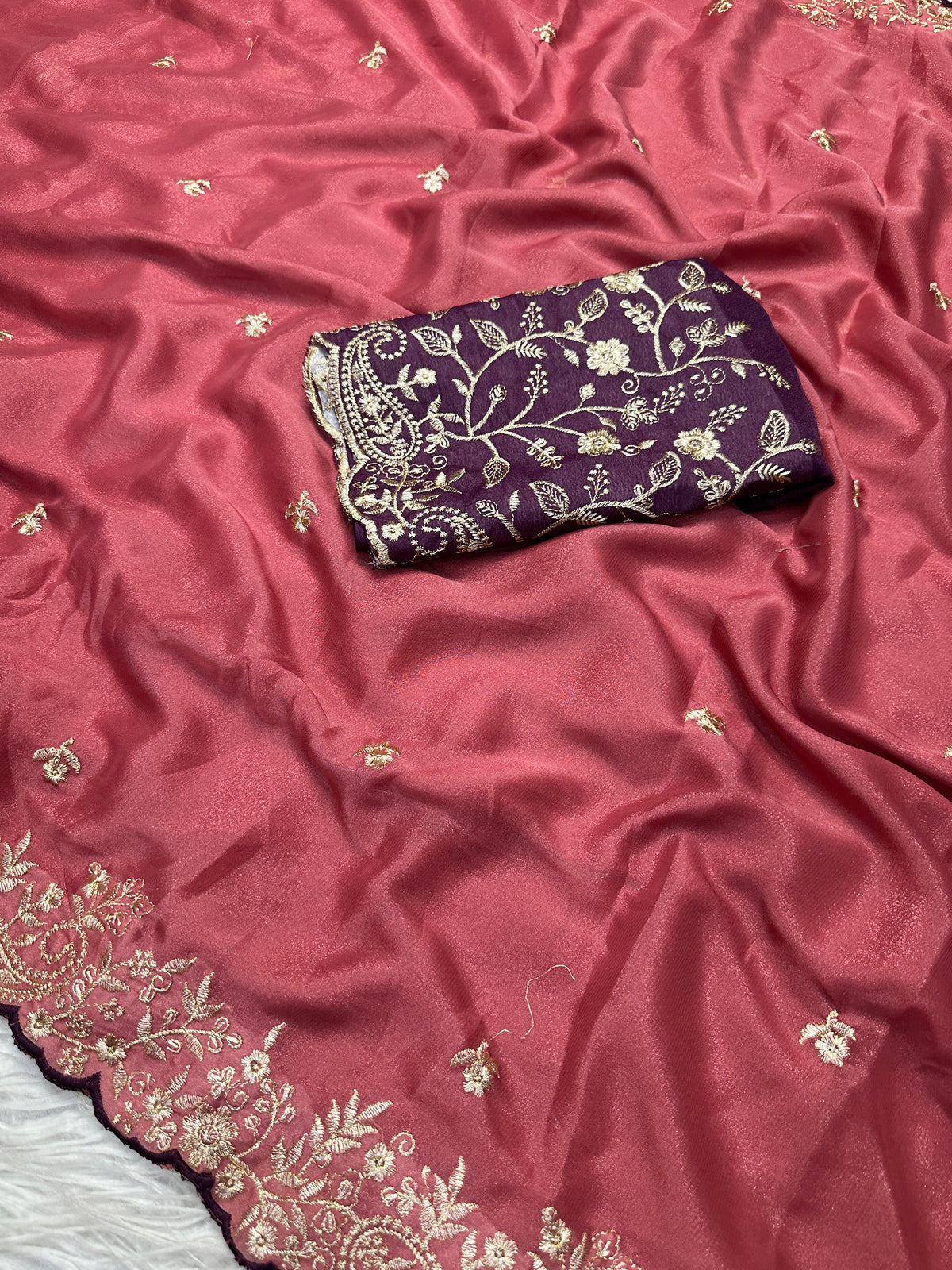 Luxury Party Wear Georgette Embroidery Work Designer Saree With Contrast Blouse Piece