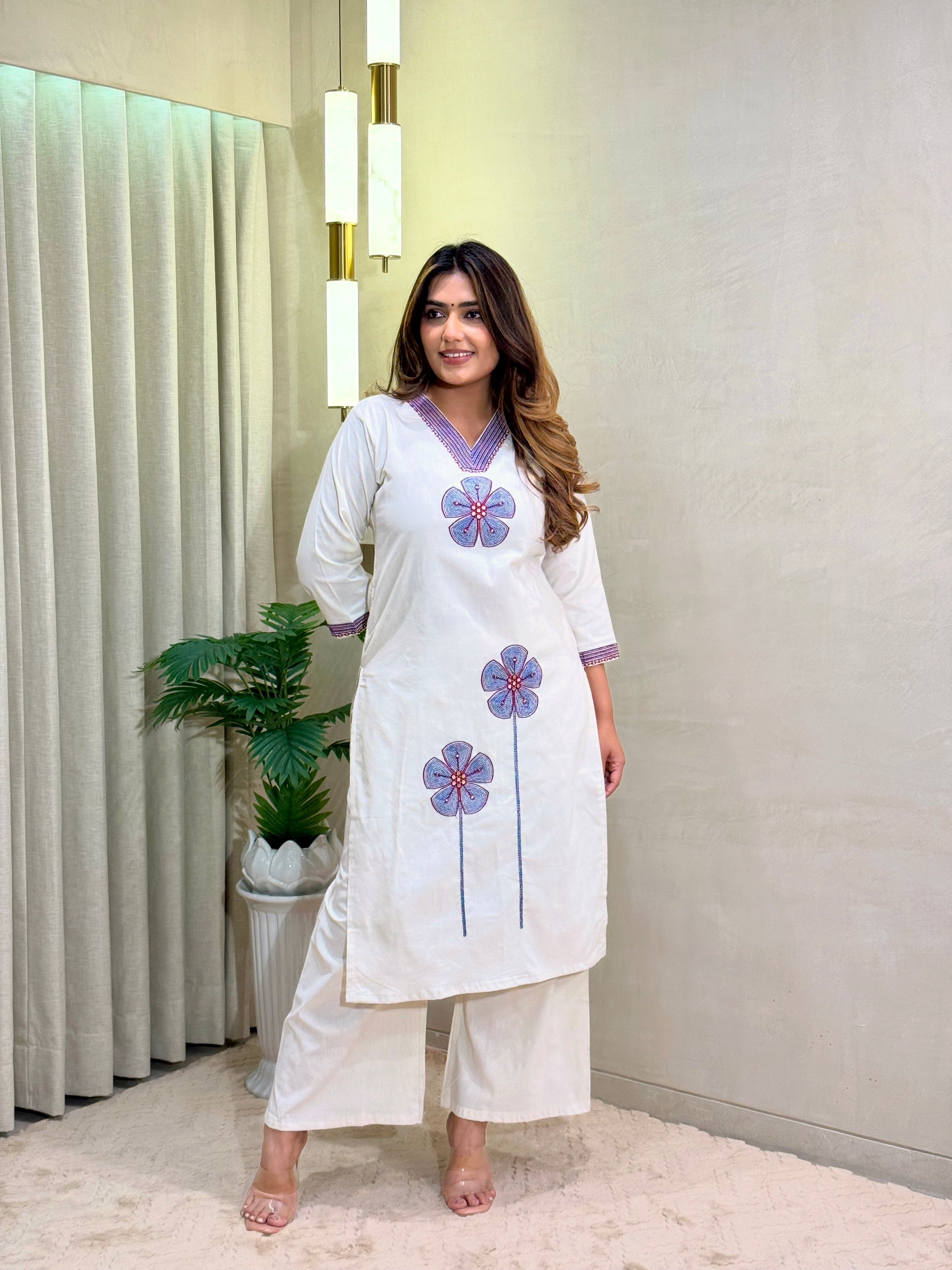 Charismatic Party Wear Cotton  Embroidery n Sequence Work Designer Straight Kurta With Trouser n Dupatta Set