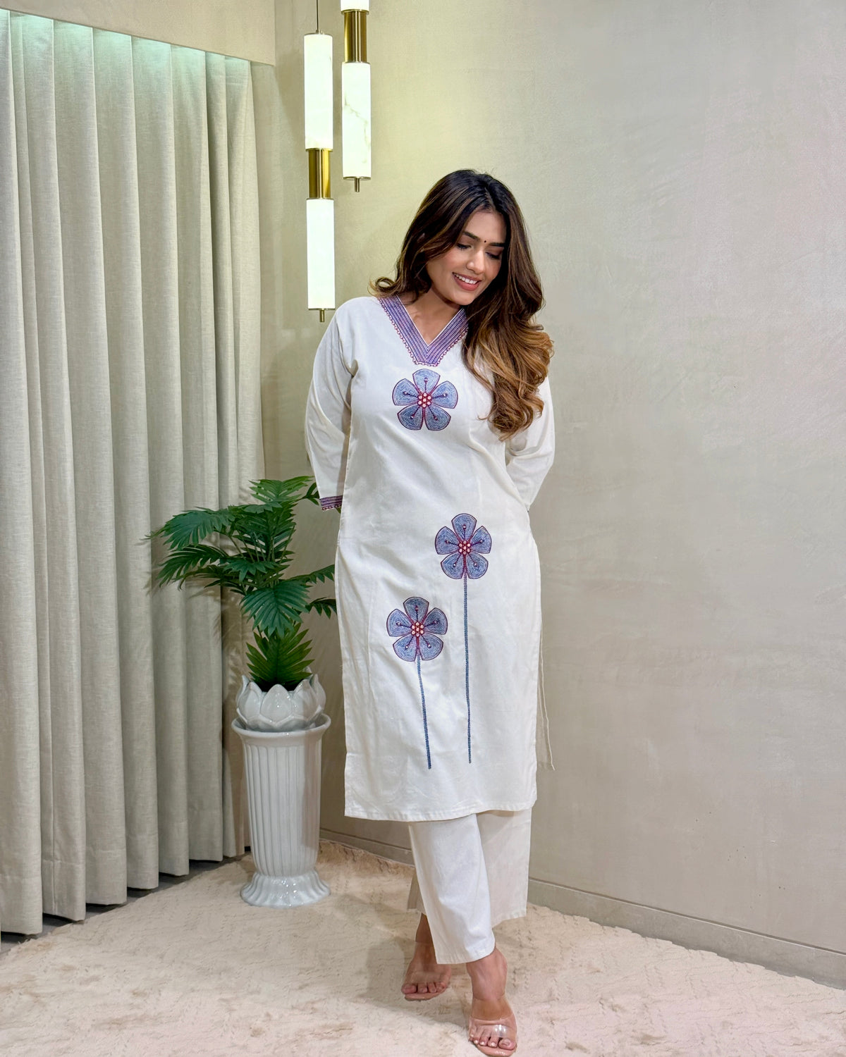Charismatic Party Wear Cotton  Embroidery n Sequence Work Designer Straight Kurta With Trouser n Dupatta Set