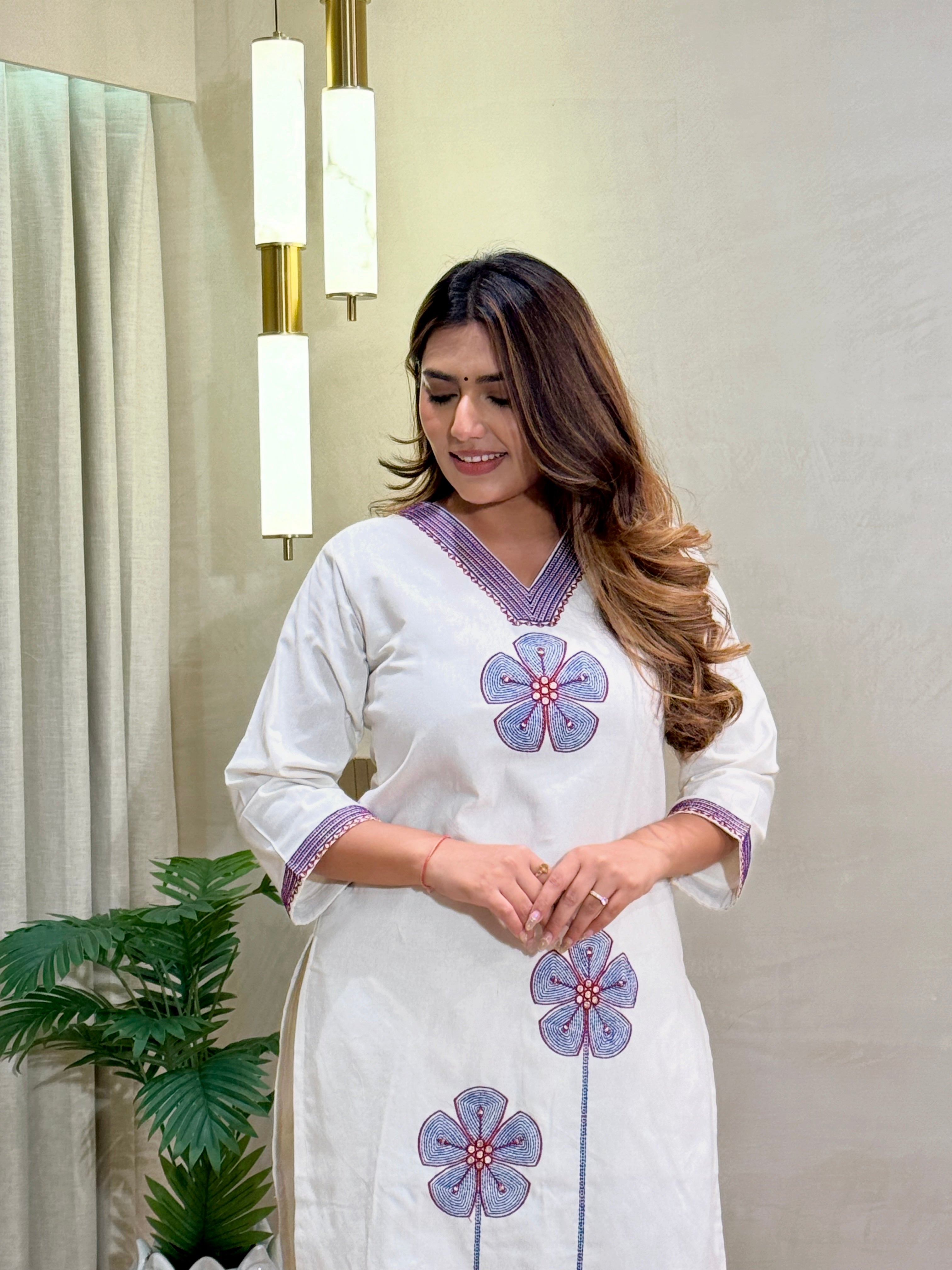 Charismatic Party Wear Cotton  Embroidery n Sequence Work Designer Straight Kurta With Trouser n Dupatta Set