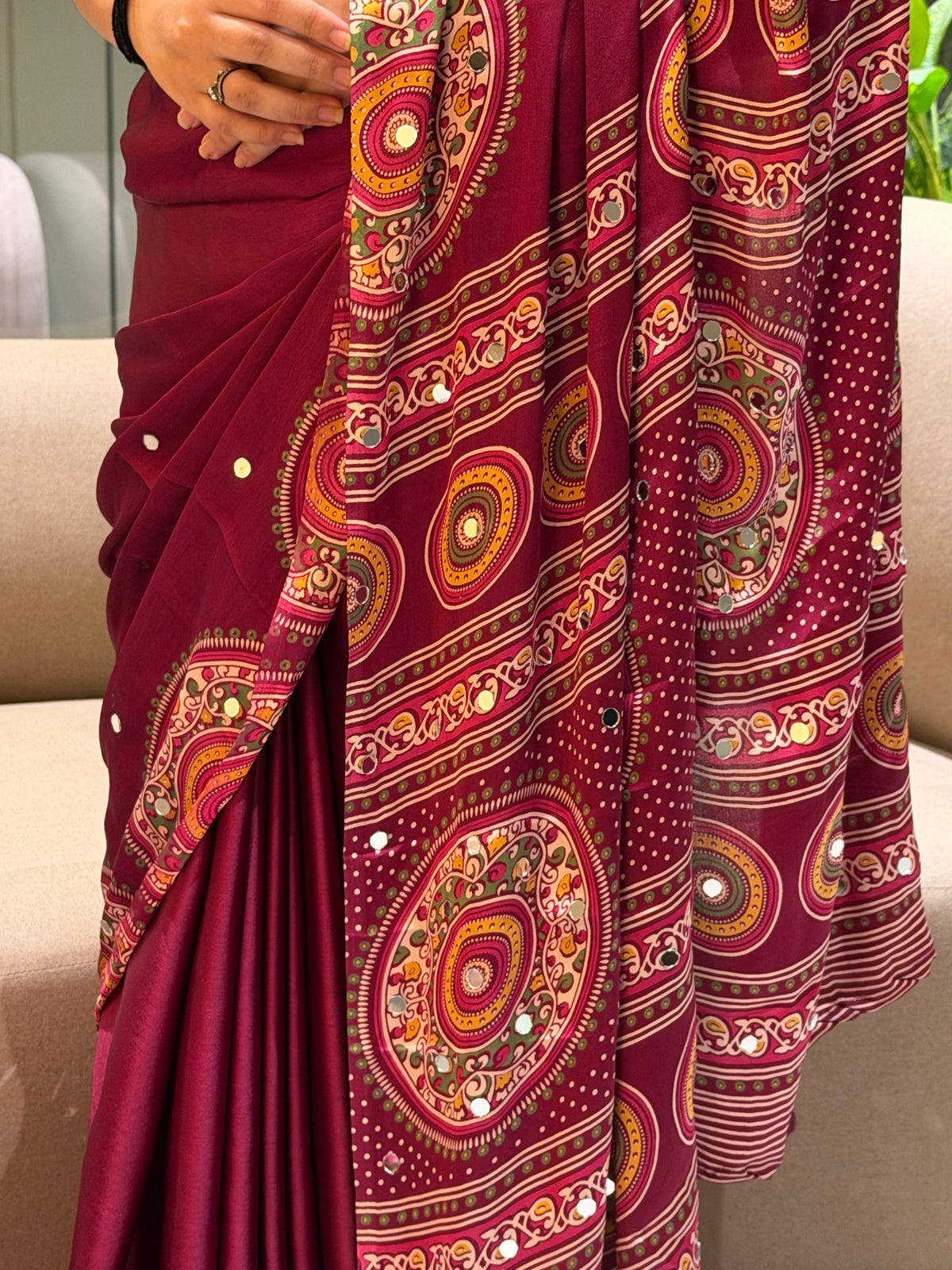Glossy Party Wear Pure Satin Silk Ajrak Printed Rich Pallu n Mirror Work  Designer Saree With Blissful Blouse Piece