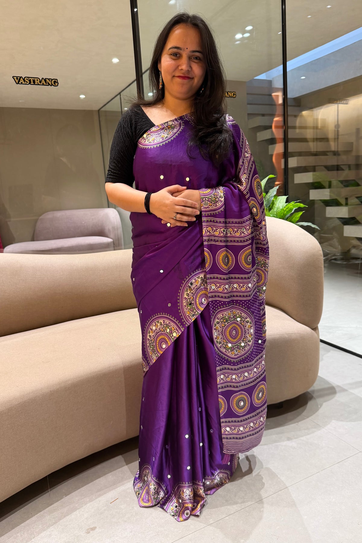 Glossy Party Wear Pure Satin Silk Ajrak Printed Rich Pallu n Mirror Work  Designer Saree With Blissful Blouse Piece