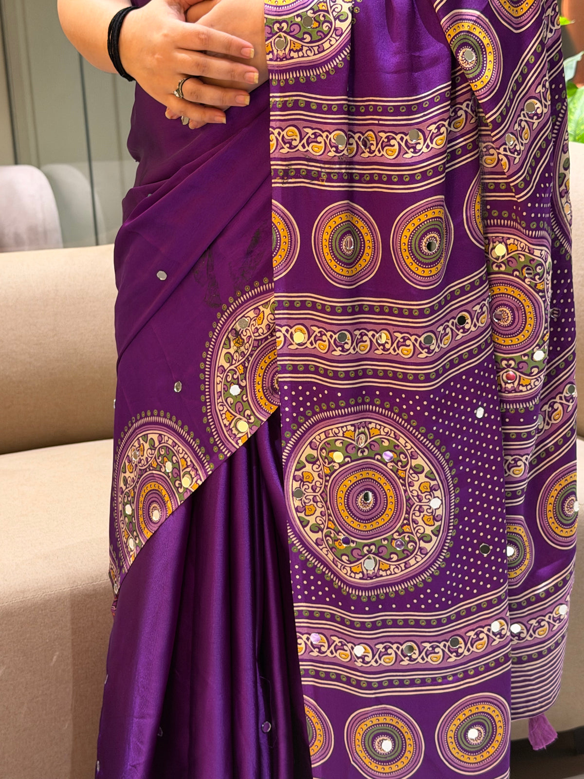 Glossy Party Wear Pure Satin Silk Ajrak Printed Rich Pallu n Mirror Work  Designer Saree With Blissful Blouse Piece
