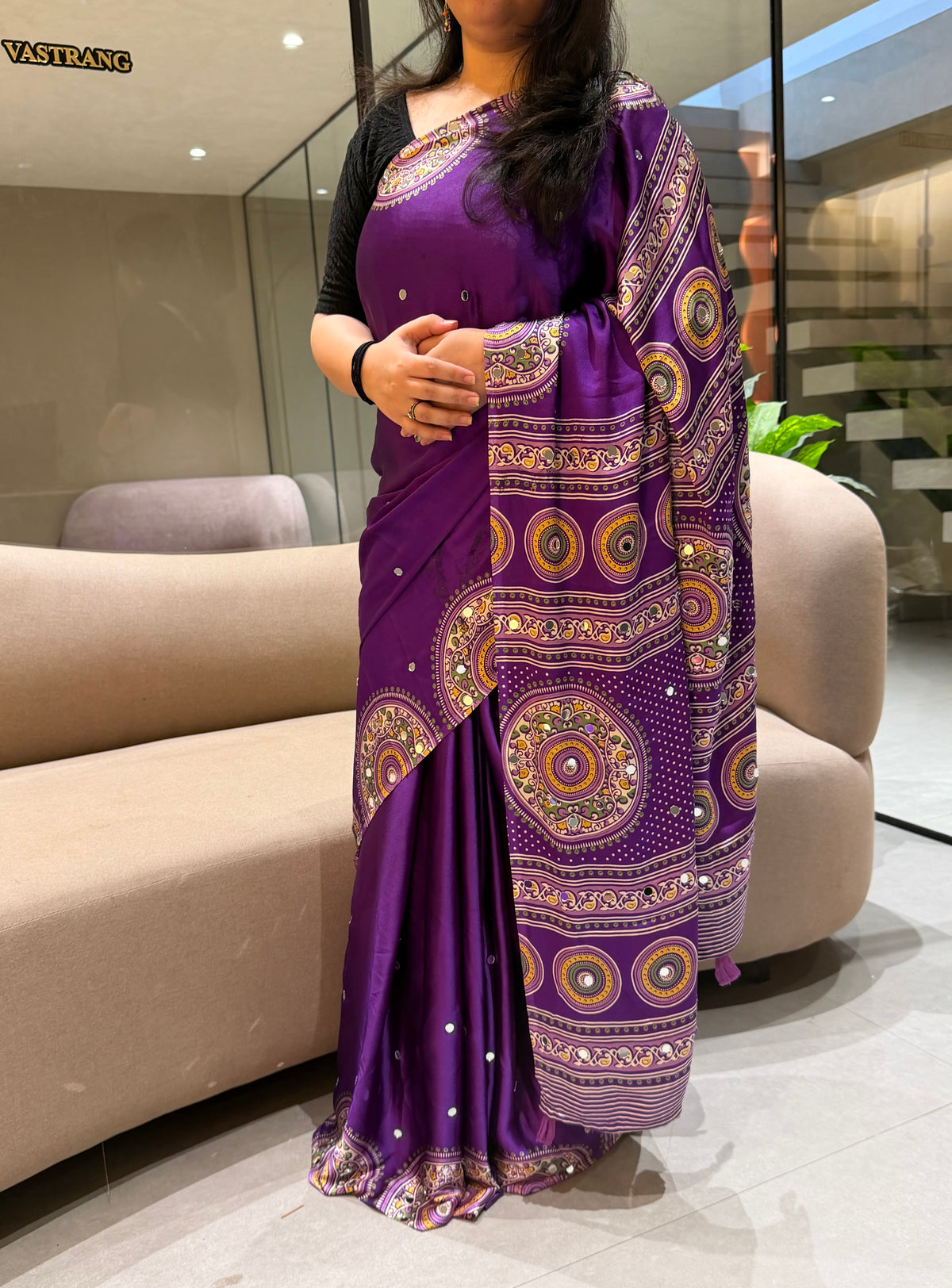 Glossy Party Wear Pure Satin Silk Ajrak Printed Rich Pallu n Mirror Work  Designer Saree With Blissful Blouse Piece
