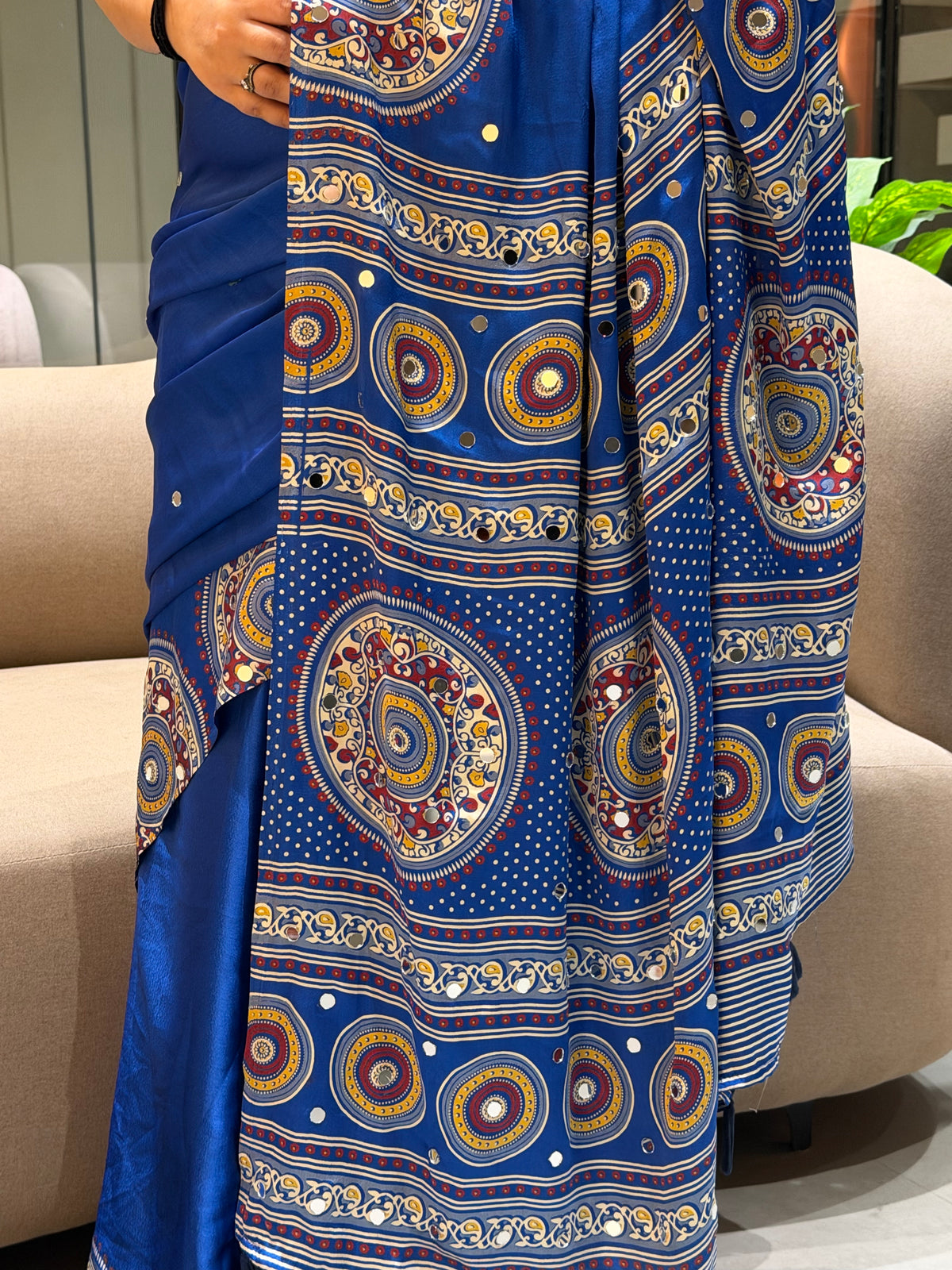 Glossy Party Wear Pure Satin Silk Ajrak Printed Rich Pallu n Mirror Work  Designer Saree With Blissful Blouse Piece