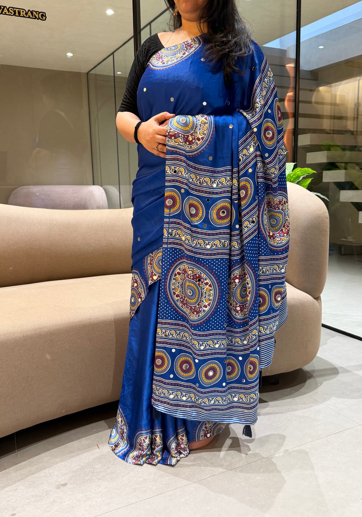 Glossy Party Wear Pure Satin Silk Ajrak Printed Rich Pallu n Mirror Work  Designer Saree With Blissful Blouse Piece