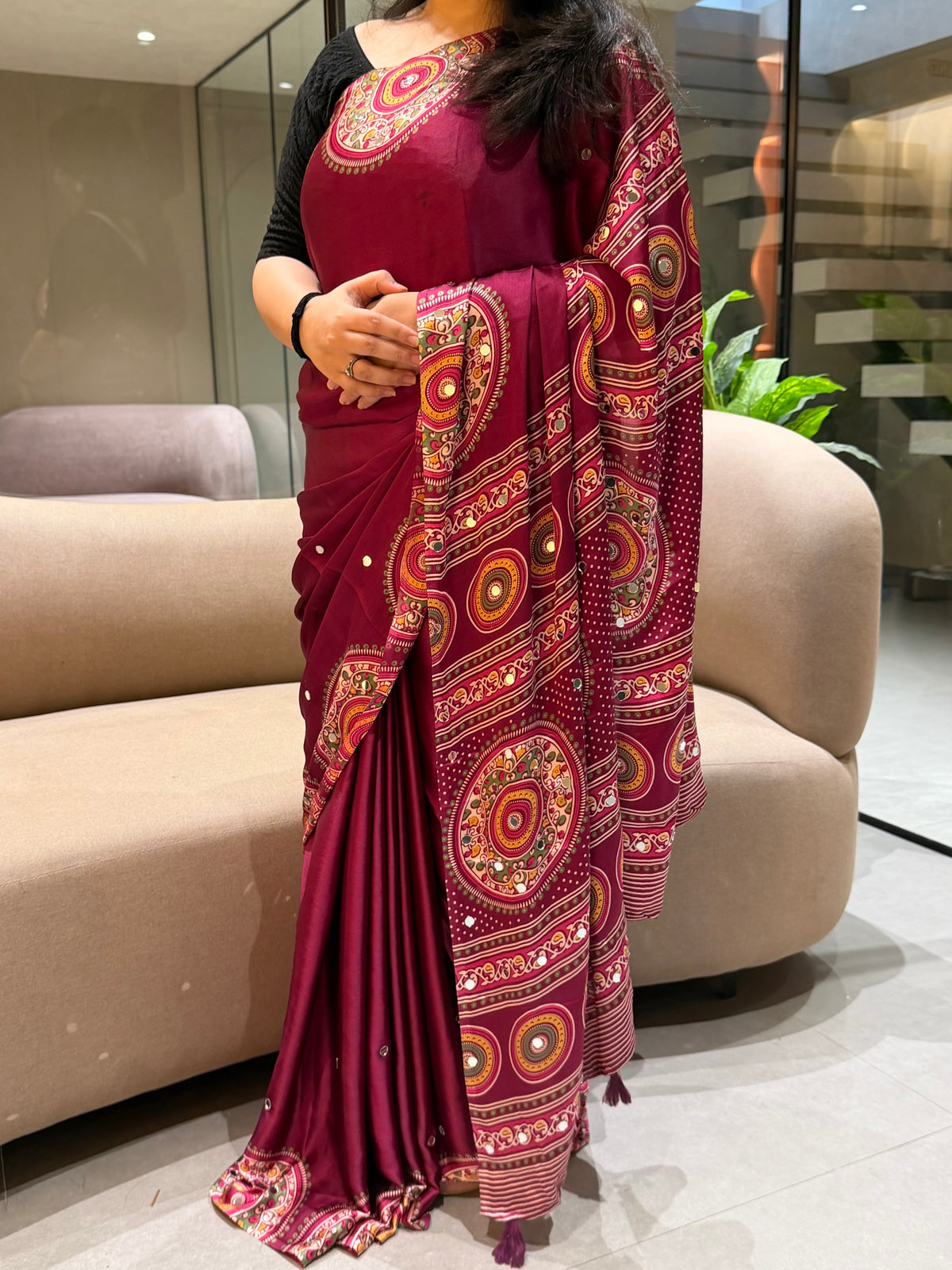 Glossy Party Wear Pure Satin Silk Ajrak Printed Rich Pallu n Mirror Work  Designer Saree With Blissful Blouse Piece