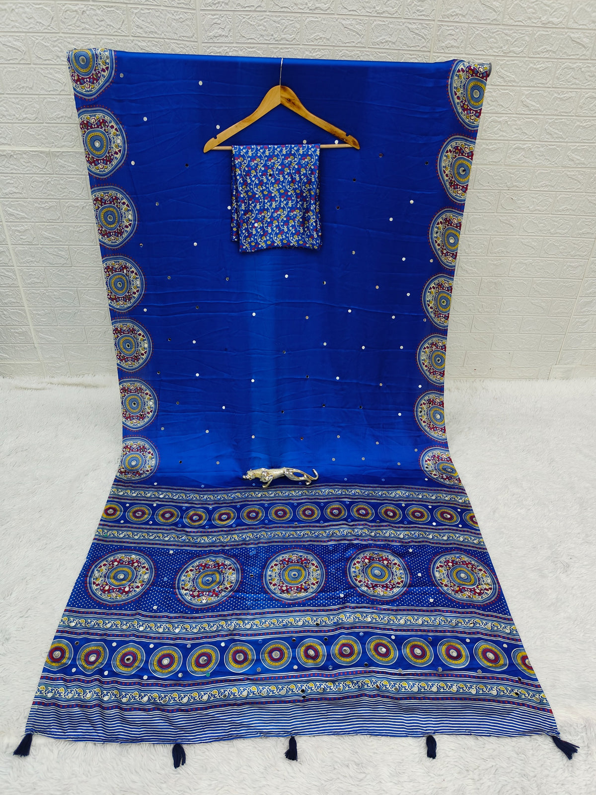 Glossy Party Wear Satin Silk Ajrak Printed Rich Pallu n Mirror Work  Designer Saree With Blissful Blouse Piece
