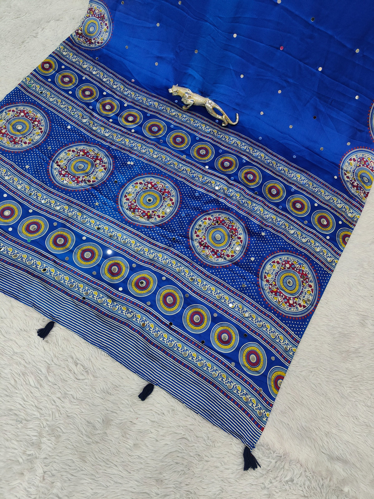 Glossy Party Wear Satin Silk Ajrak Printed Rich Pallu n Mirror Work  Designer Saree With Blissful Blouse Piece