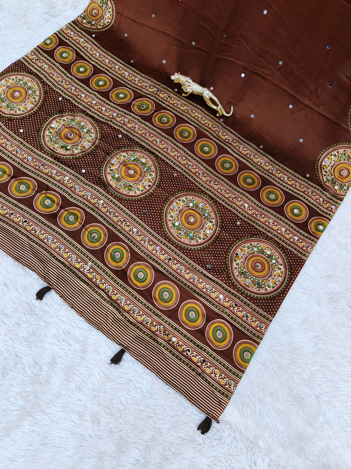 Glossy Party Wear Satin Silk Ajrak Printed Rich Pallu n Mirror Work  Designer Saree With Blissful Blouse Piece