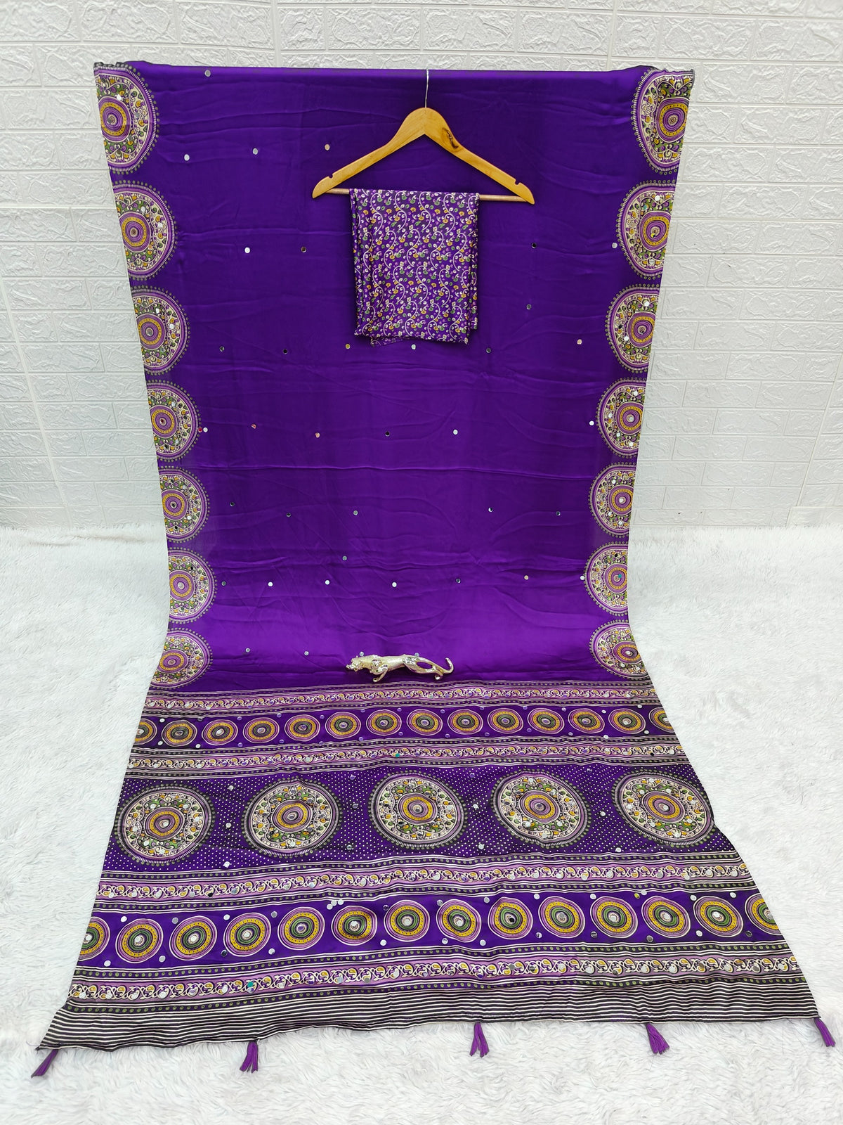 Glossy Party Wear Satin Silk Ajrak Printed Rich Pallu n Mirror Work  Designer Saree With Blissful Blouse Piece