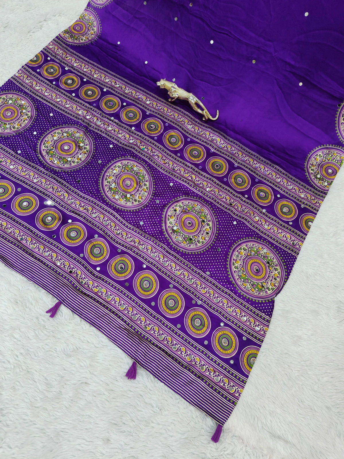Glossy Party Wear Satin Silk Ajrak Printed Rich Pallu n Mirror Work  Designer Saree With Blissful Blouse Piece
